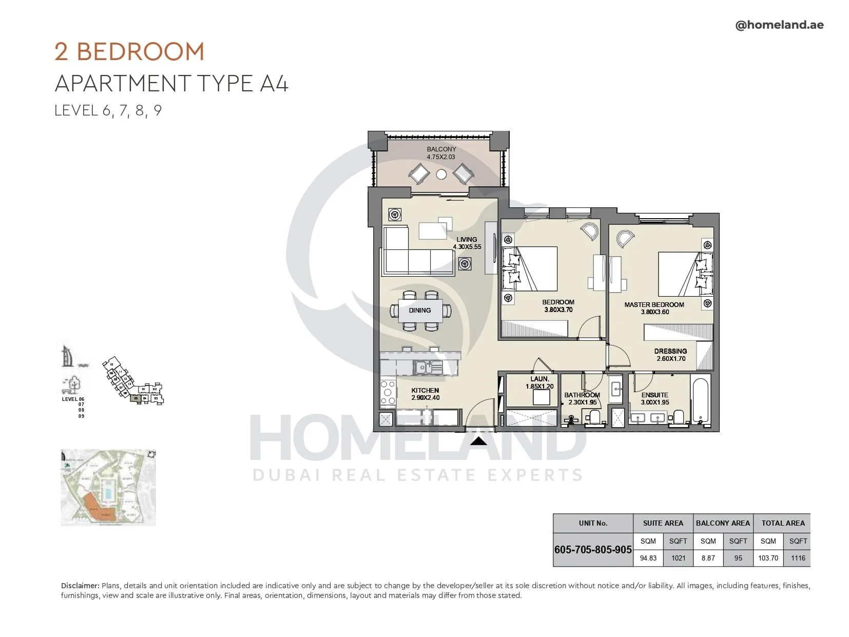 Al Jazi, 2BR, Type A4, Level 6 to 9, Unit 605-705-805-905, 1116 SQFT