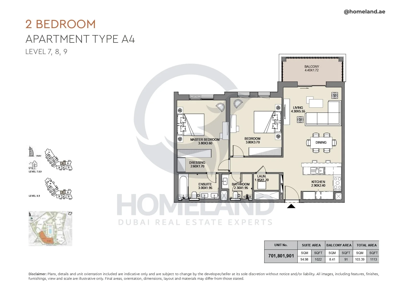Al Jazi, 2BR, Type A4, Level 7 to 9, Unit 701-801-901, 1113 SQFT