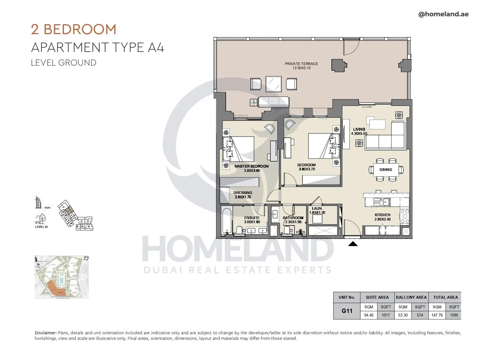 Al Jazi, 2BR, Type A4, Level Ground, Unit G11, 1590 SQFT