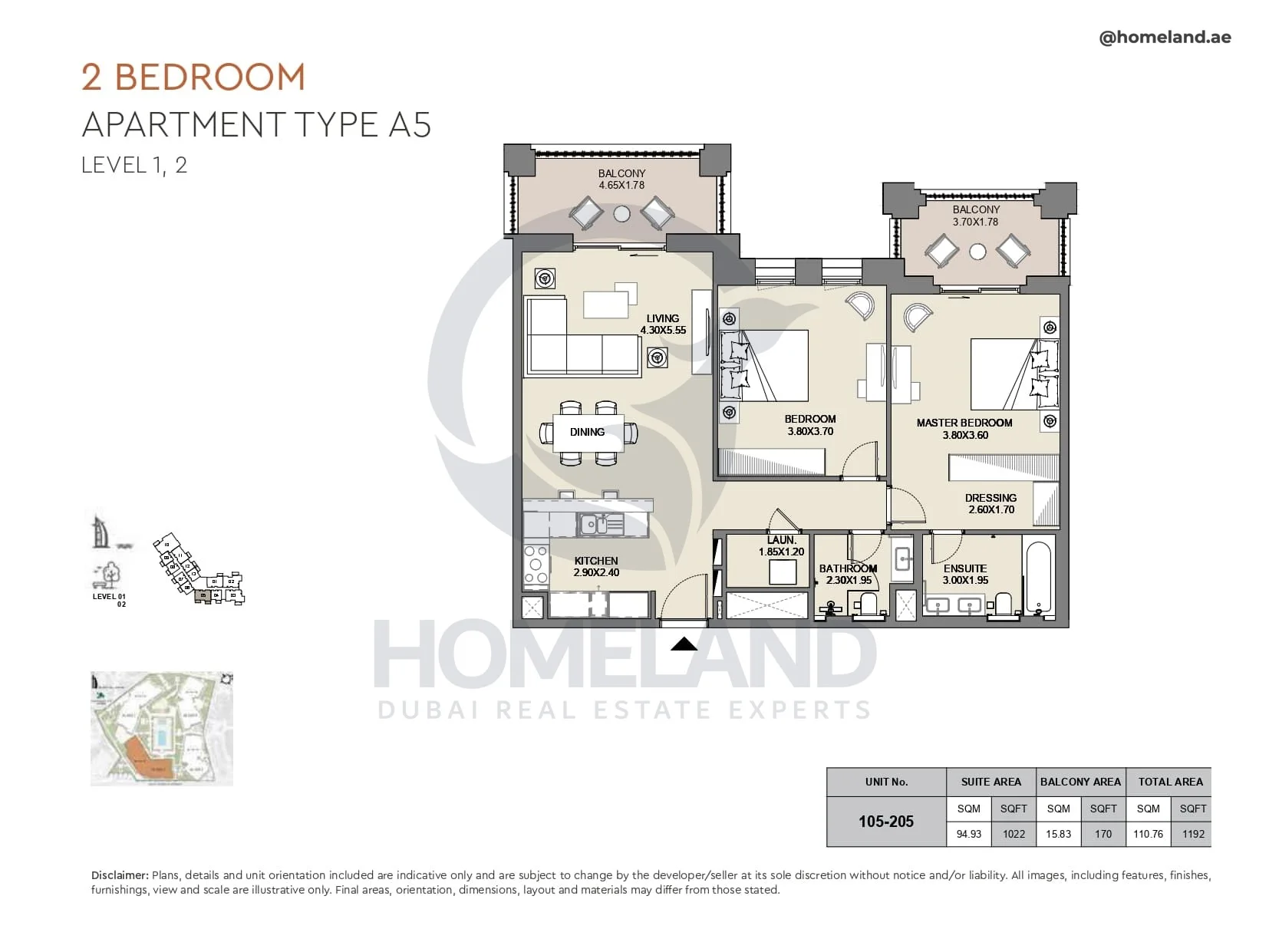 Al Jazi, 2BR, Type A5, Level 1 & 2, Unit 105-205, 1192 SQFT