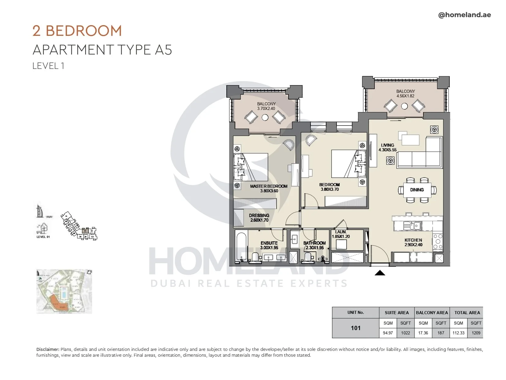 Al Jazi, 2BR, Type A5, Level 1, Unit 101, 1209 SQFT