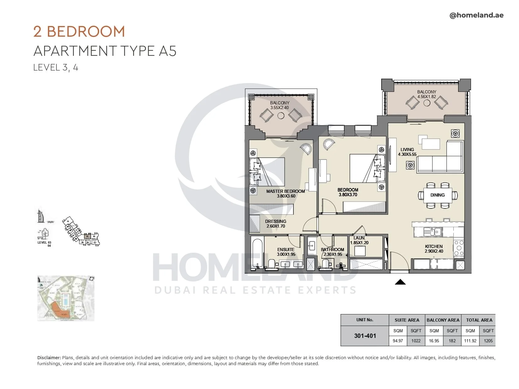 Al Jazi, 2BR, Type A5, Level 3 & 4, Unit 301-401, 1205 SQFT
