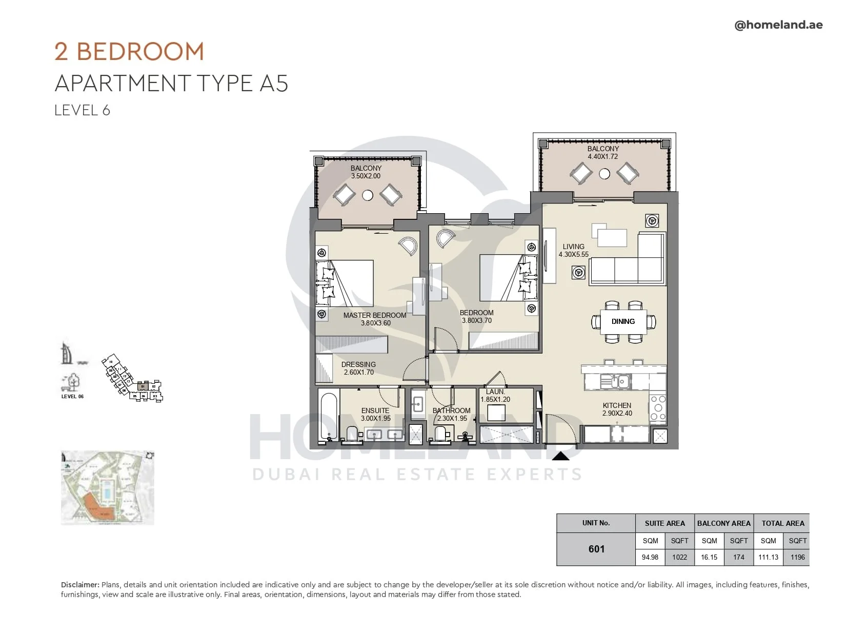 Al Jazi, 2BR, Type A5, Level 6, Unit 601, 1196 SQFT
