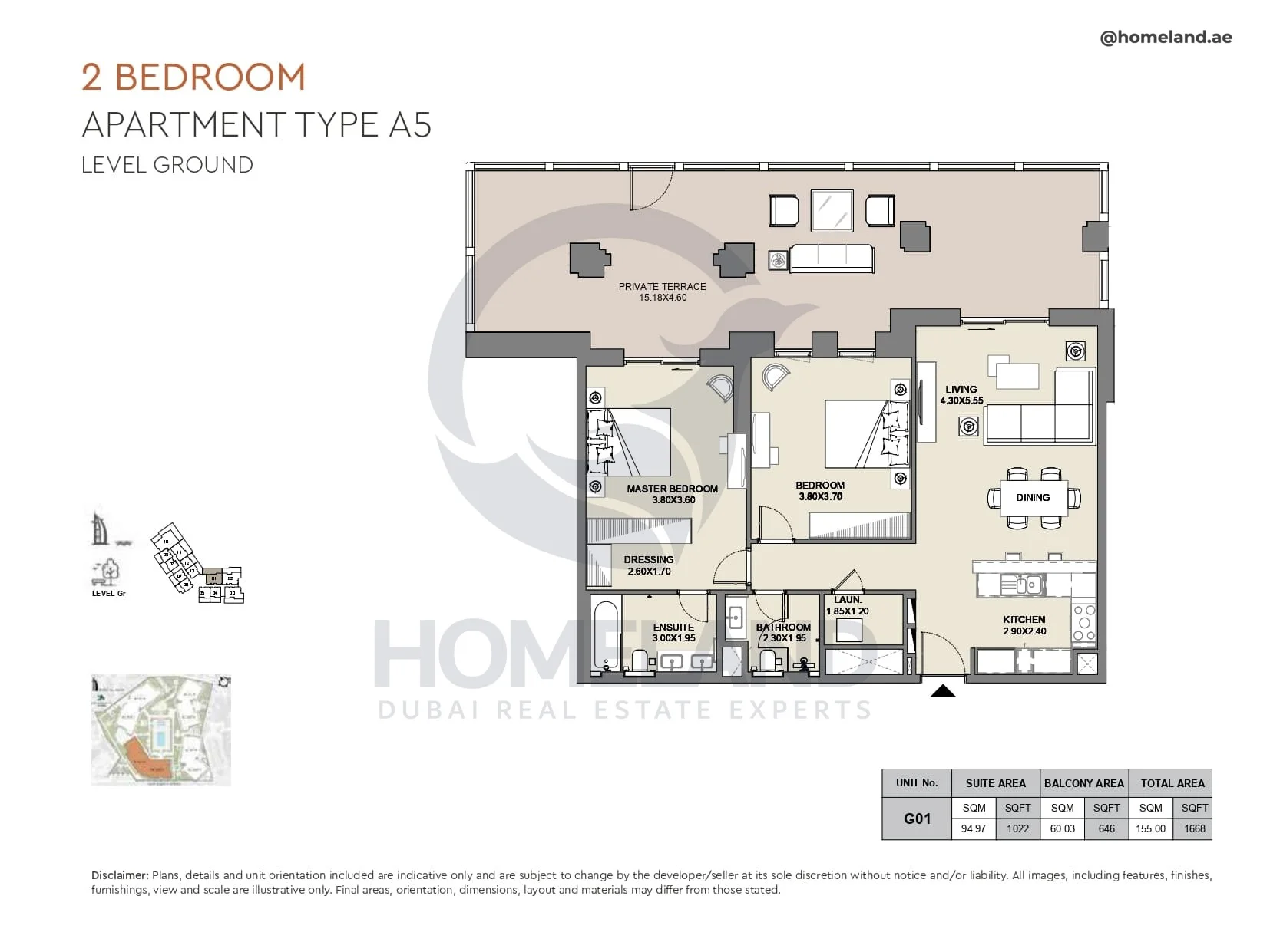 Al Jazi, 2BR, Type A5, Level Ground, Unit G01, 1668 SQFT