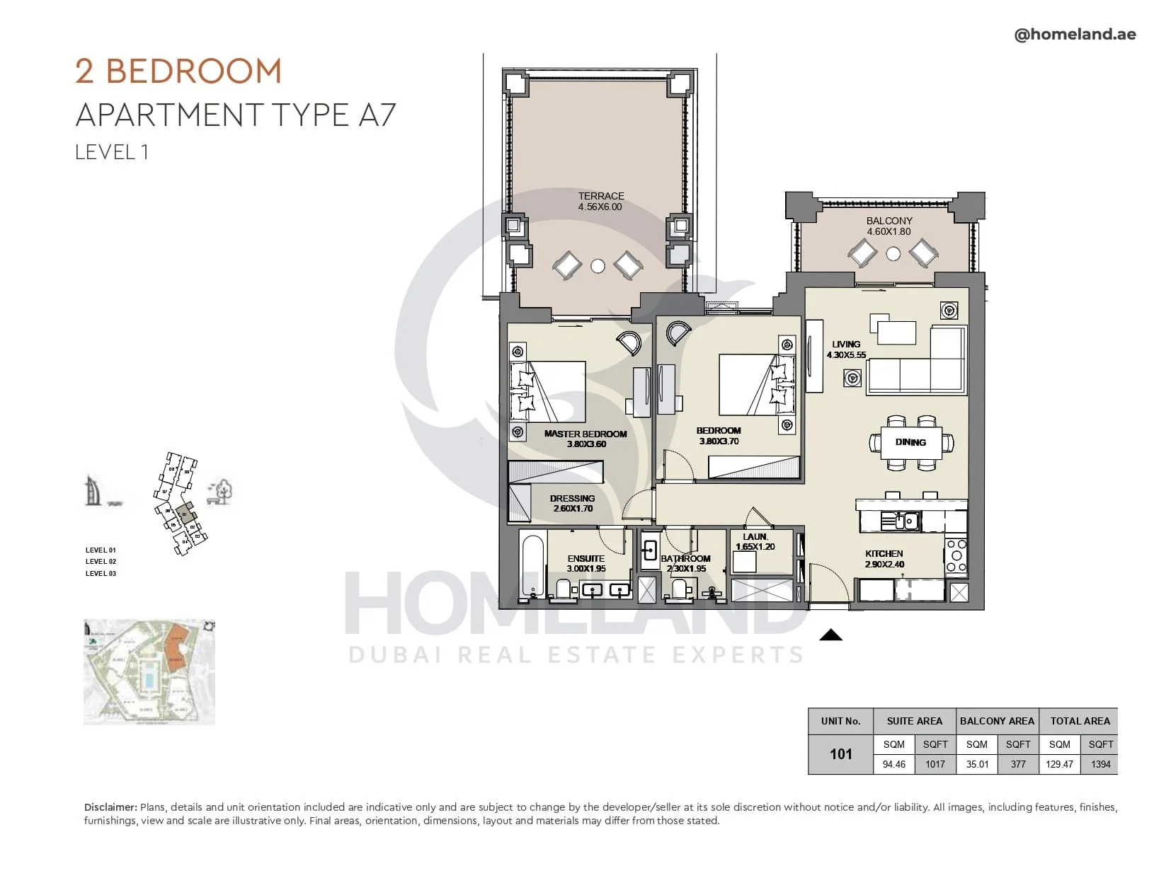 Al Jazi, 2BR, Type A7, Level 1, Unit 101, 1394 SQFT