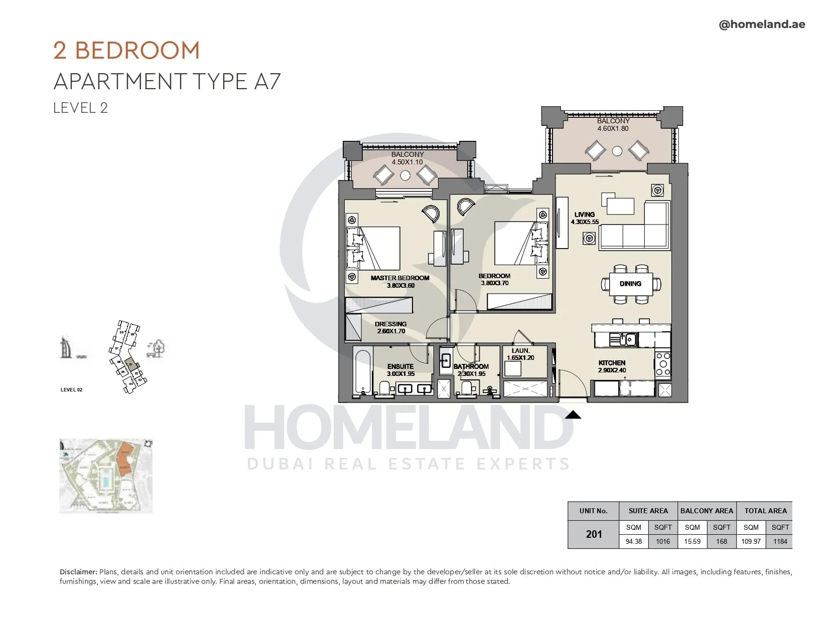 Al Jazi, 2BR, Type A7, Level 2, Unit 201, 1184 SQFT