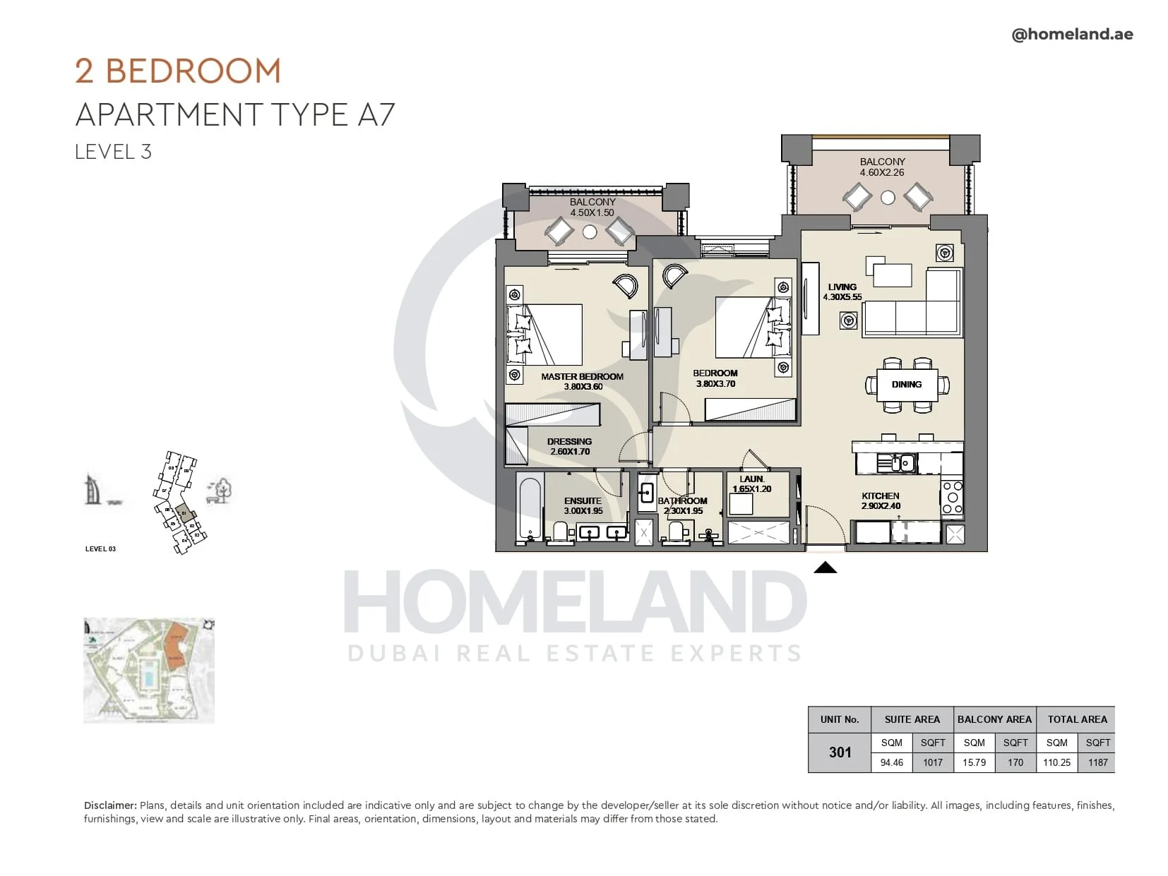 Al Jazi, 2BR, Type A7, Level 3, Unit 301, 1187 SQFT