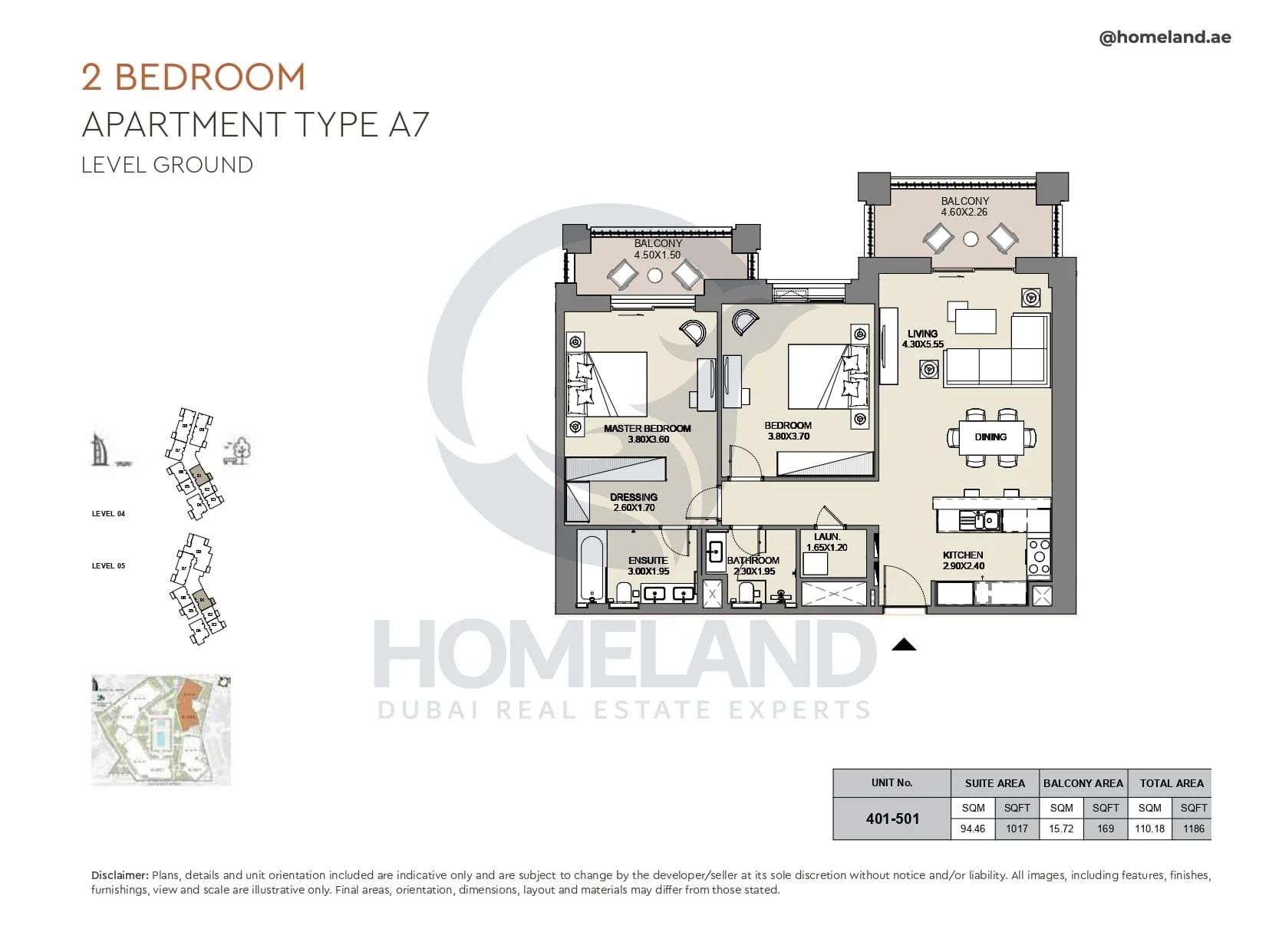 Al Jazi, 2BR, Type A7, Level Ground, Unit 401-501, 1186 SQFT