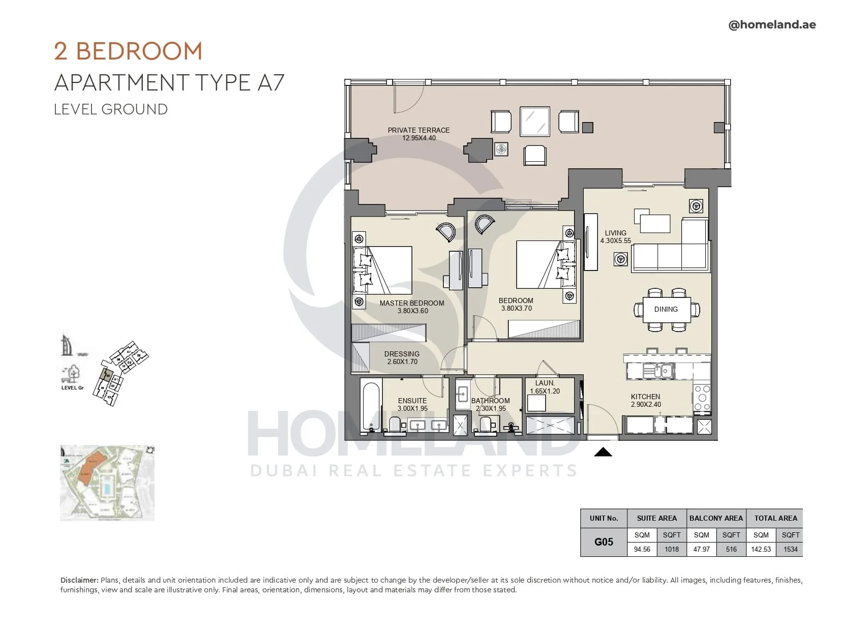 Al Jazi, 2BR, Type A7, Level Ground, Unit G05, 1534 SQFT