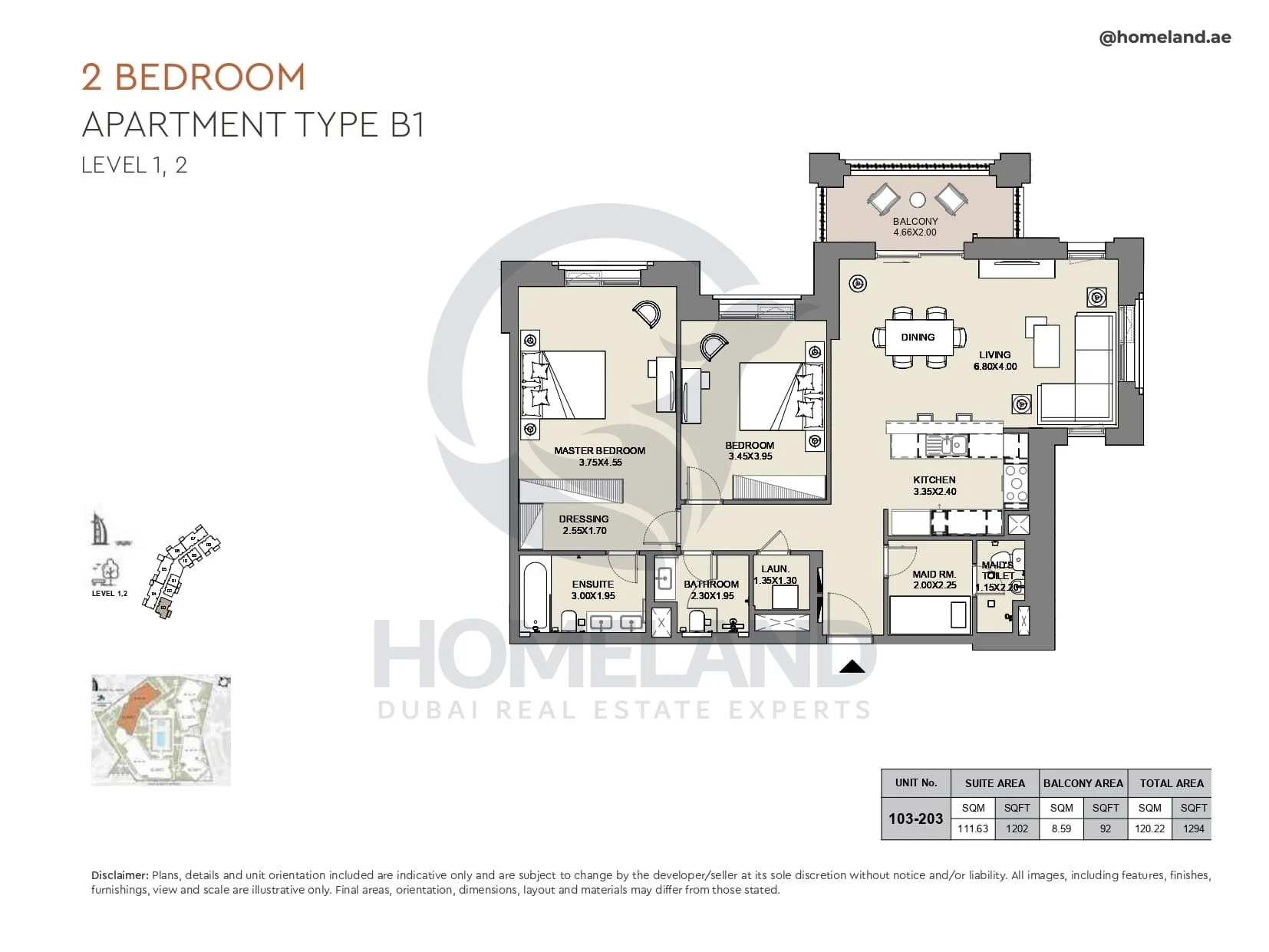 Al Jazi, 2BR, Type B1, Level 1 & 2, Unit 103-203, 1294 SQFT