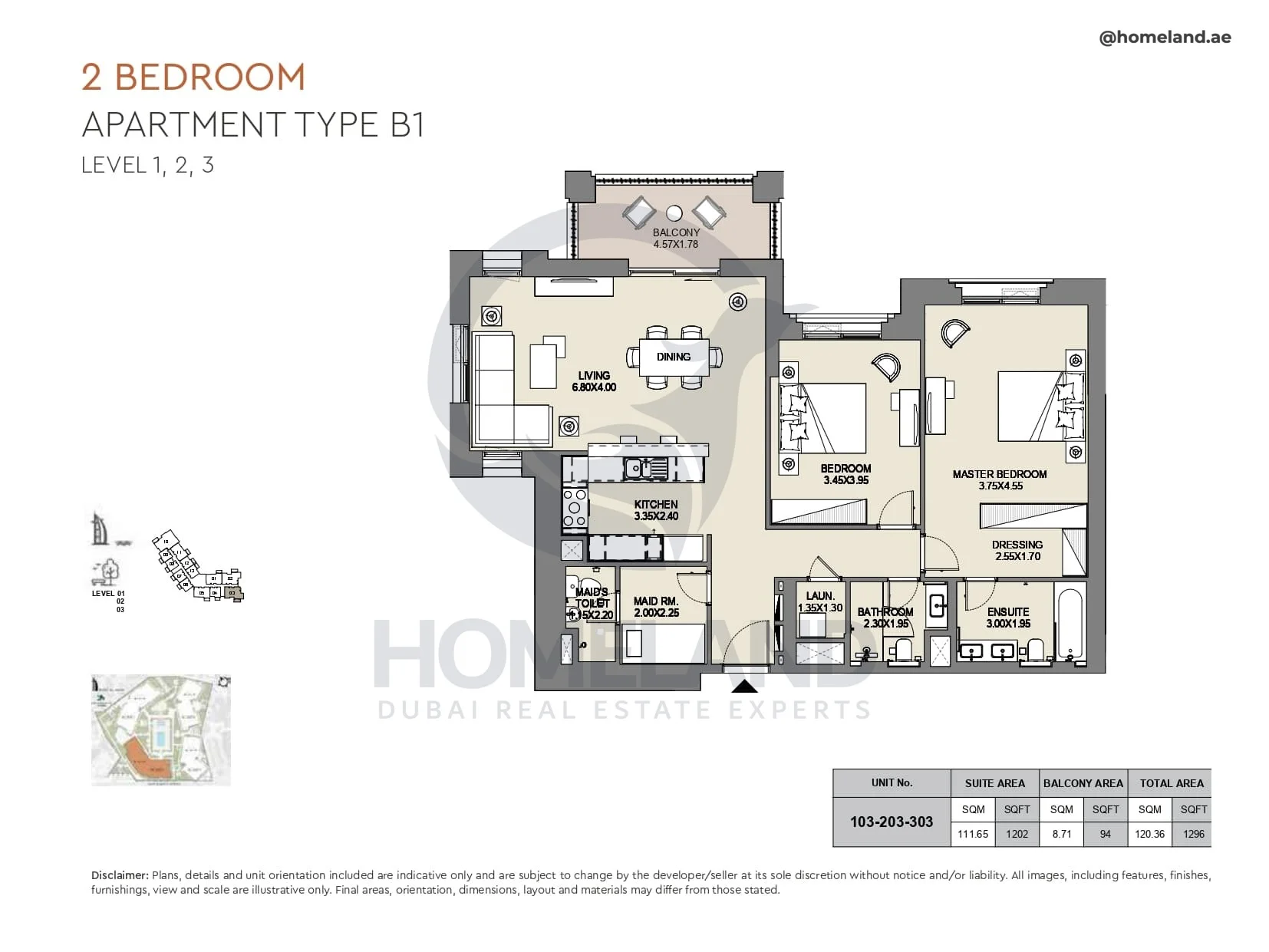 Al Jazi, 2BR, Type B1, Level 1 to 3, Unit 103-203-303, 1296 SQFT