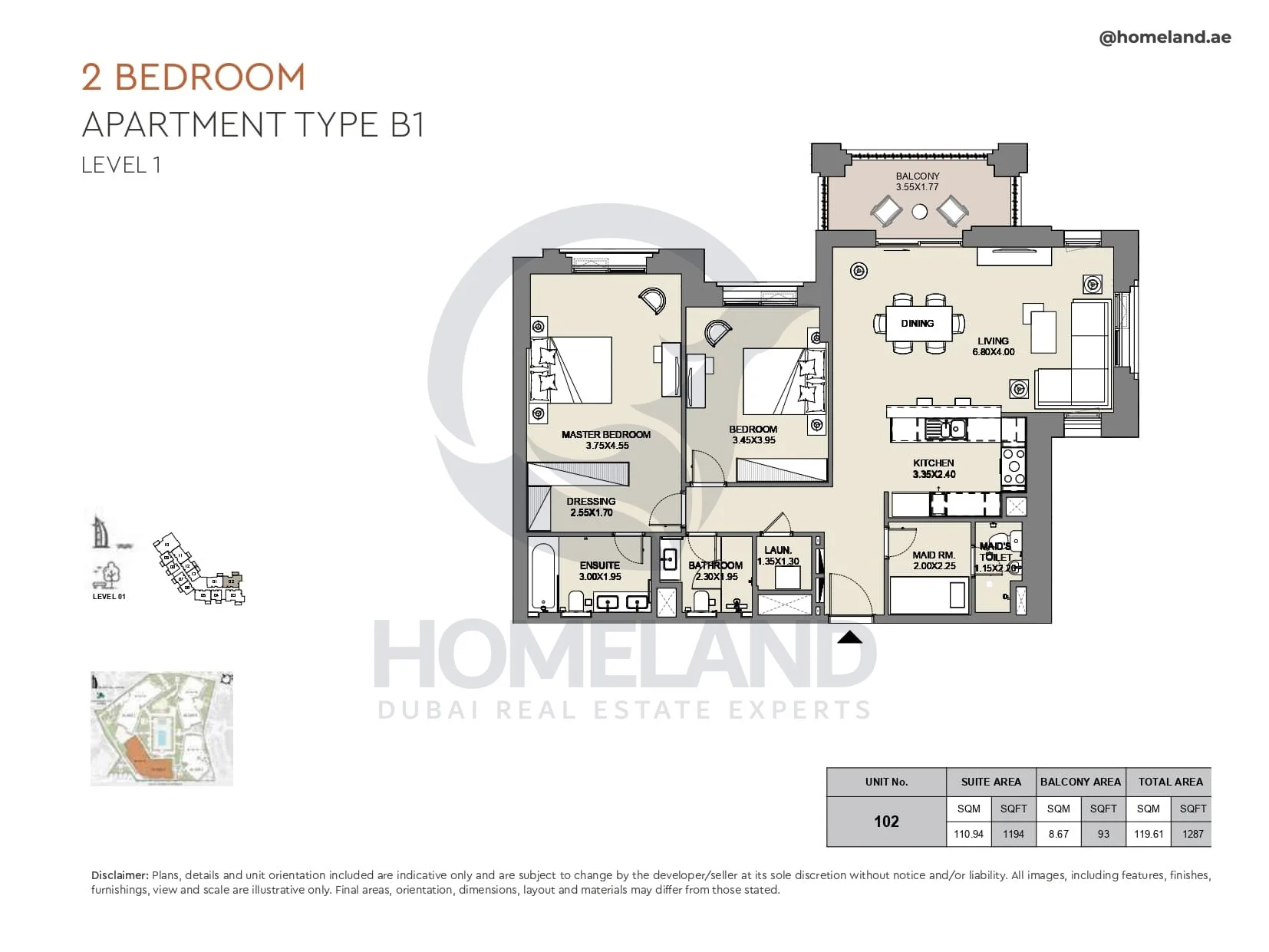 Al Jazi, 2BR, Type B1, Level 1, Unit 102, 1287 SQFT