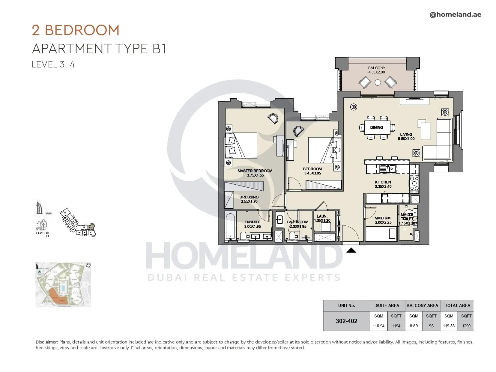 Al Jazi, 2BR, Type B1, Level 3 & 4, Unit 302-402, 1290 SQFT
