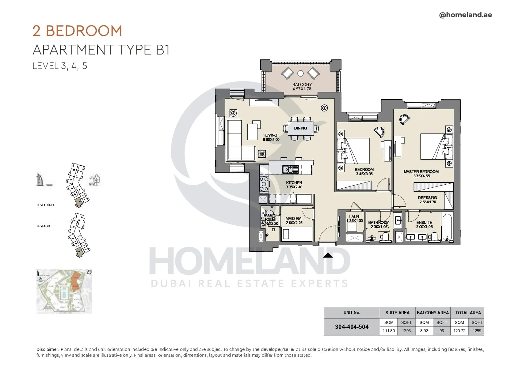 Al Jazi, 2BR, Type B1, Level 3 to 5, Unit 304-404-504, 1299 SQFT