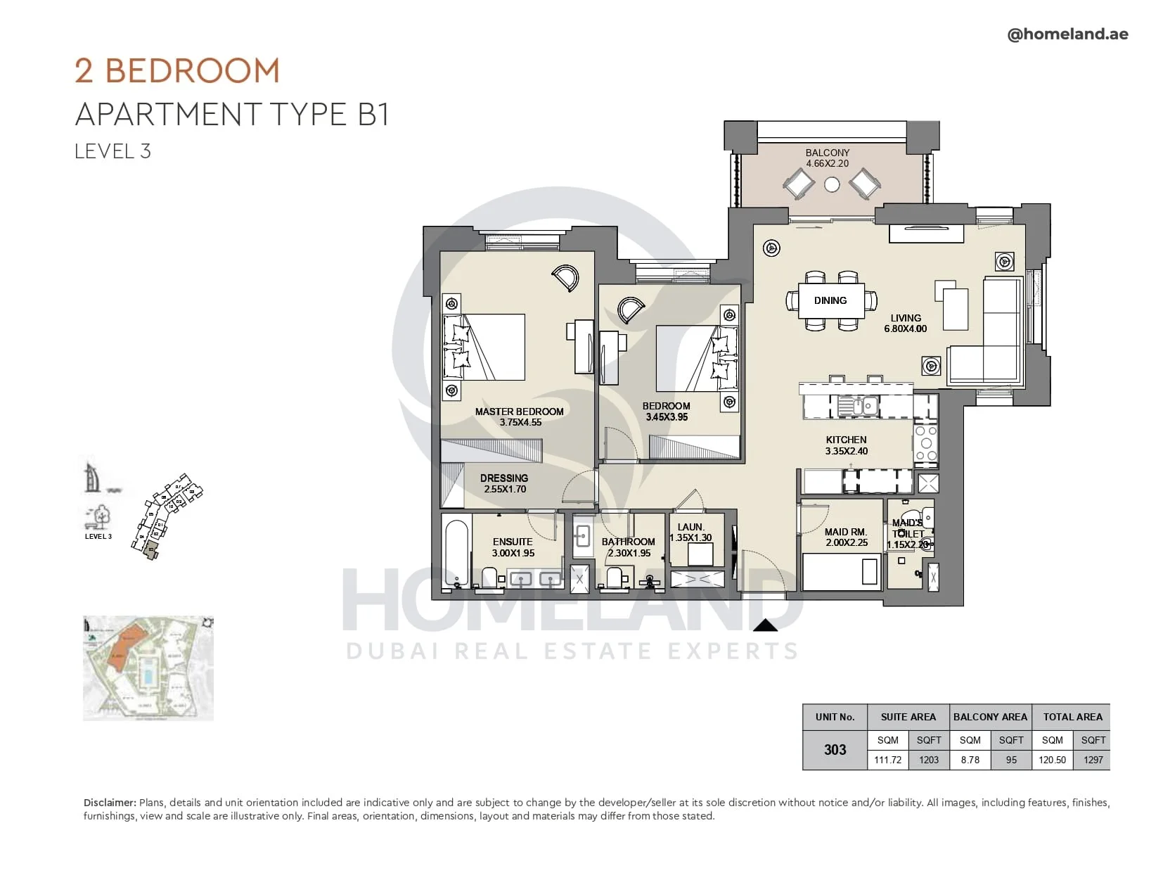 Al Jazi, 2BR, Type B1, Level 3, Unit 303, 1297 SQFT