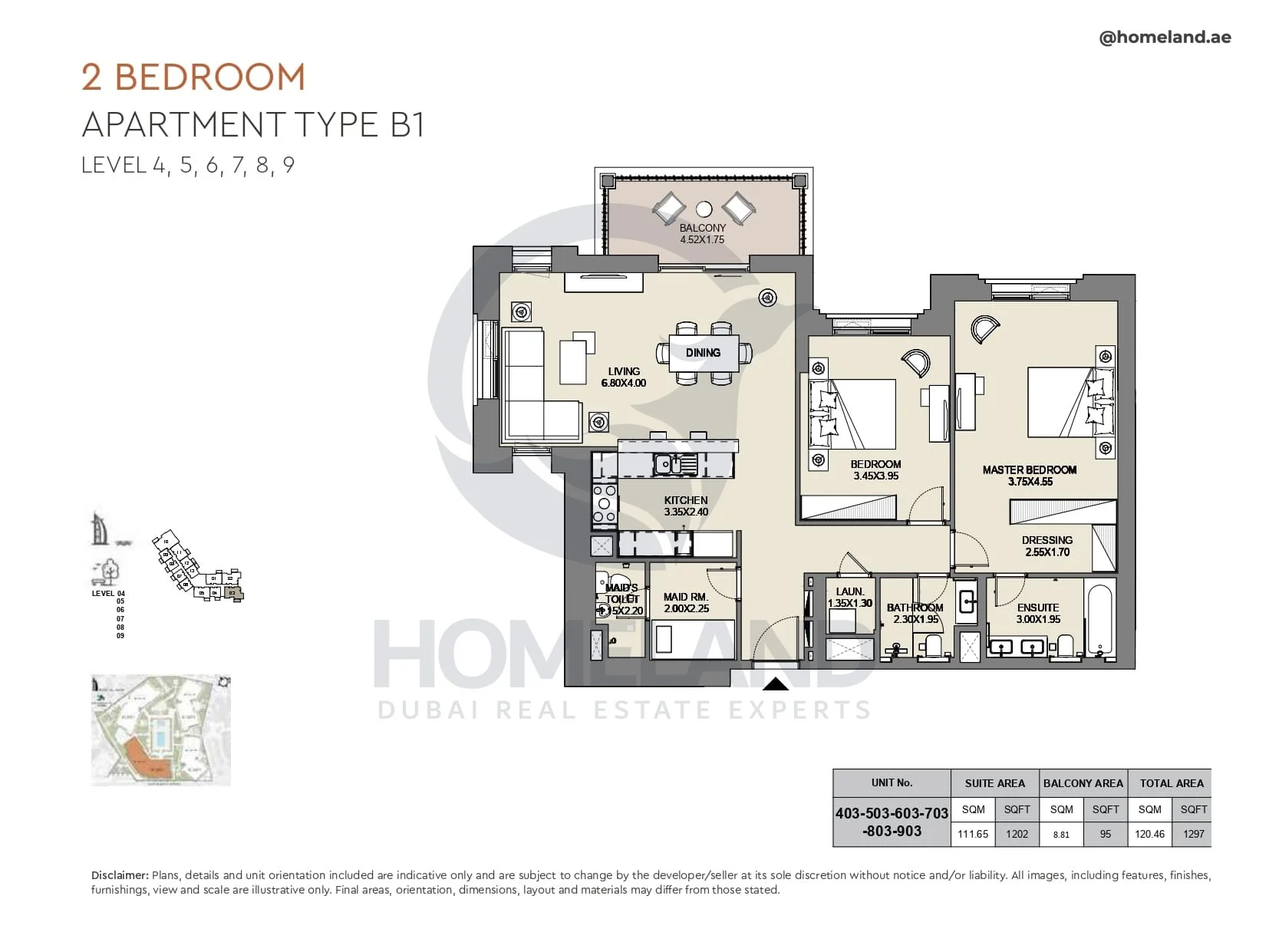 Al Jazi, 2BR, Type B1, Level 4 to 9, Unit 403-503-603-703-803-903, 1297 SQFT