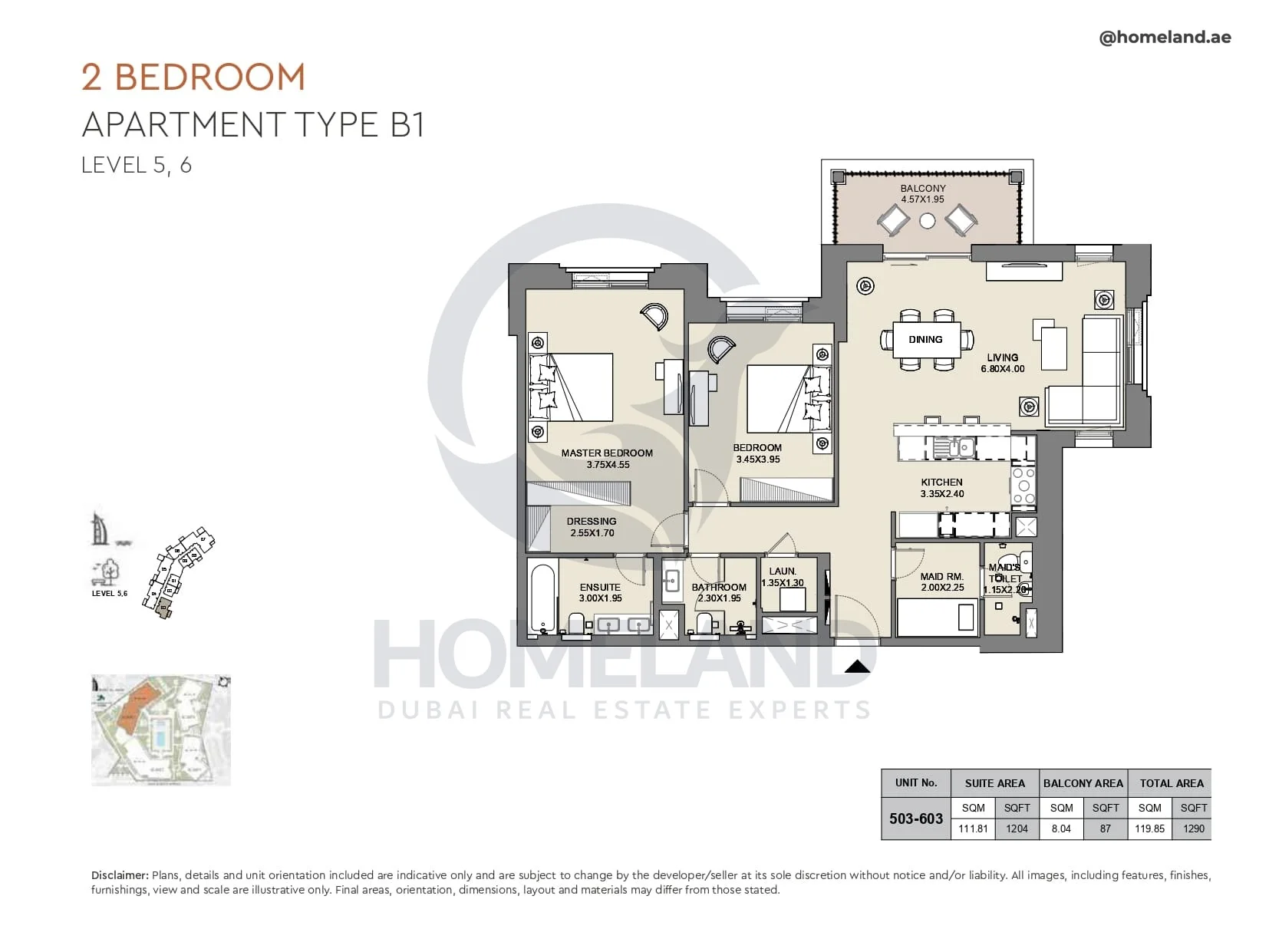 Al Jazi, 2BR, Type B1, Level 5 & 6, Unit 503-603, 1290 SQFT