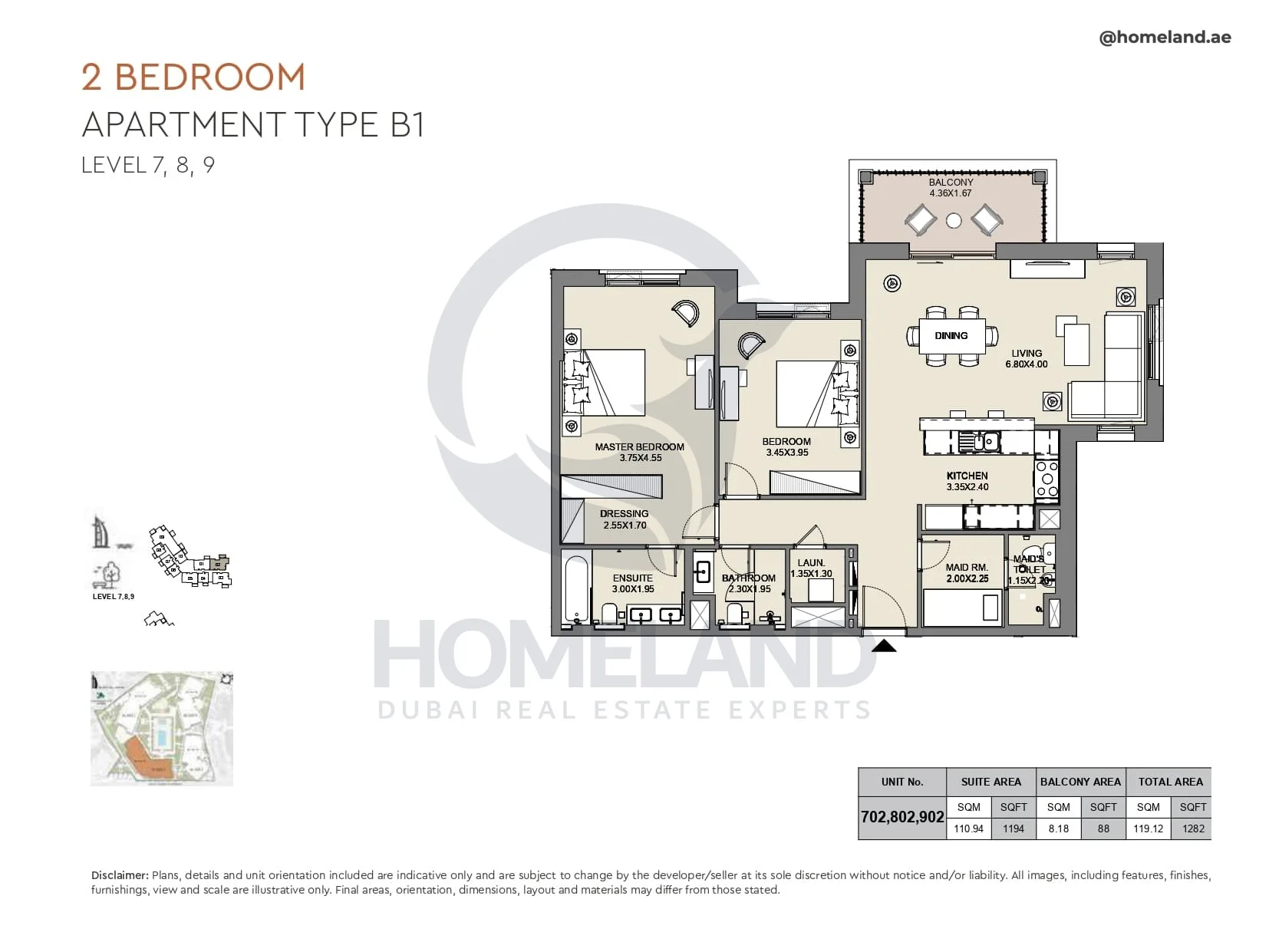Al Jazi, 2BR, Type B1, Level 7 to 9, Unit 702-802-902, 1282 SQFT