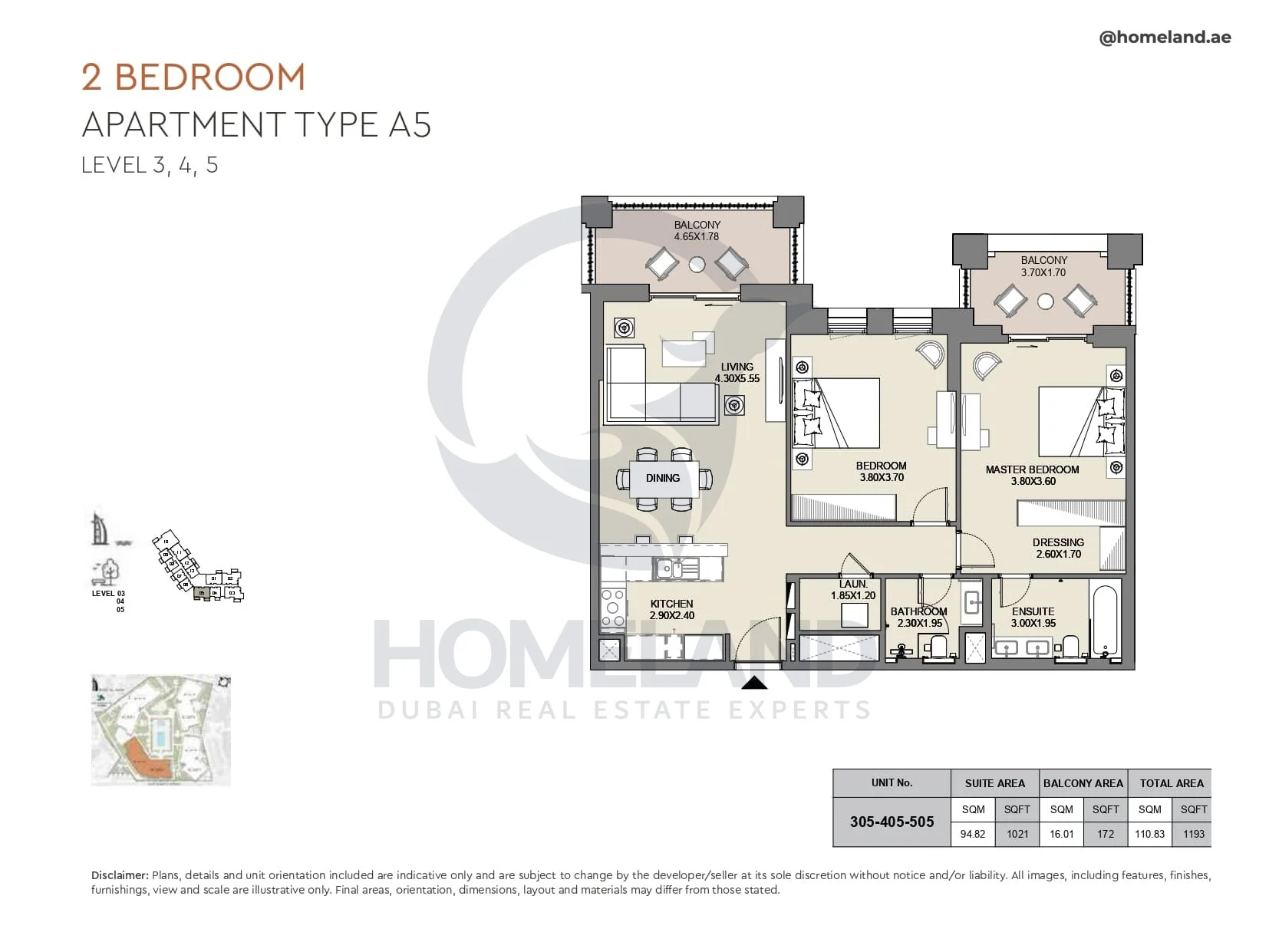 Al Jazi, 2BR, Type A5, Level 3 to 5, Unit 305-405-505, 1193 SQFT