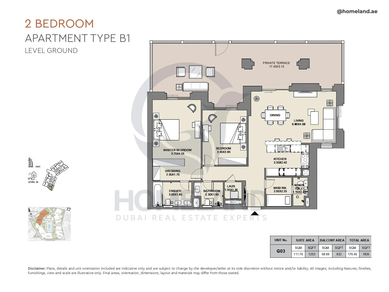 Al Jazi, 2BR, Type B1, Level Ground, Unit G03, 1835 SQFT