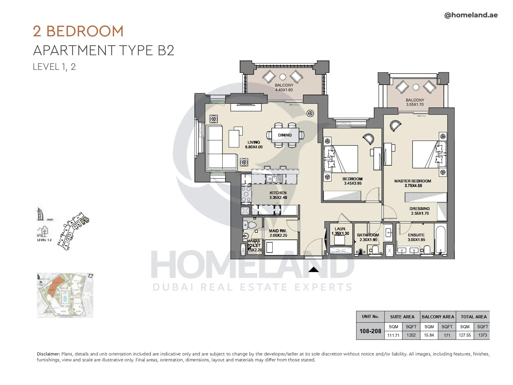 Al Jazi, 2BR, Type B2, Level 1 & 2, Unit 108-208, 1373 SQFT
