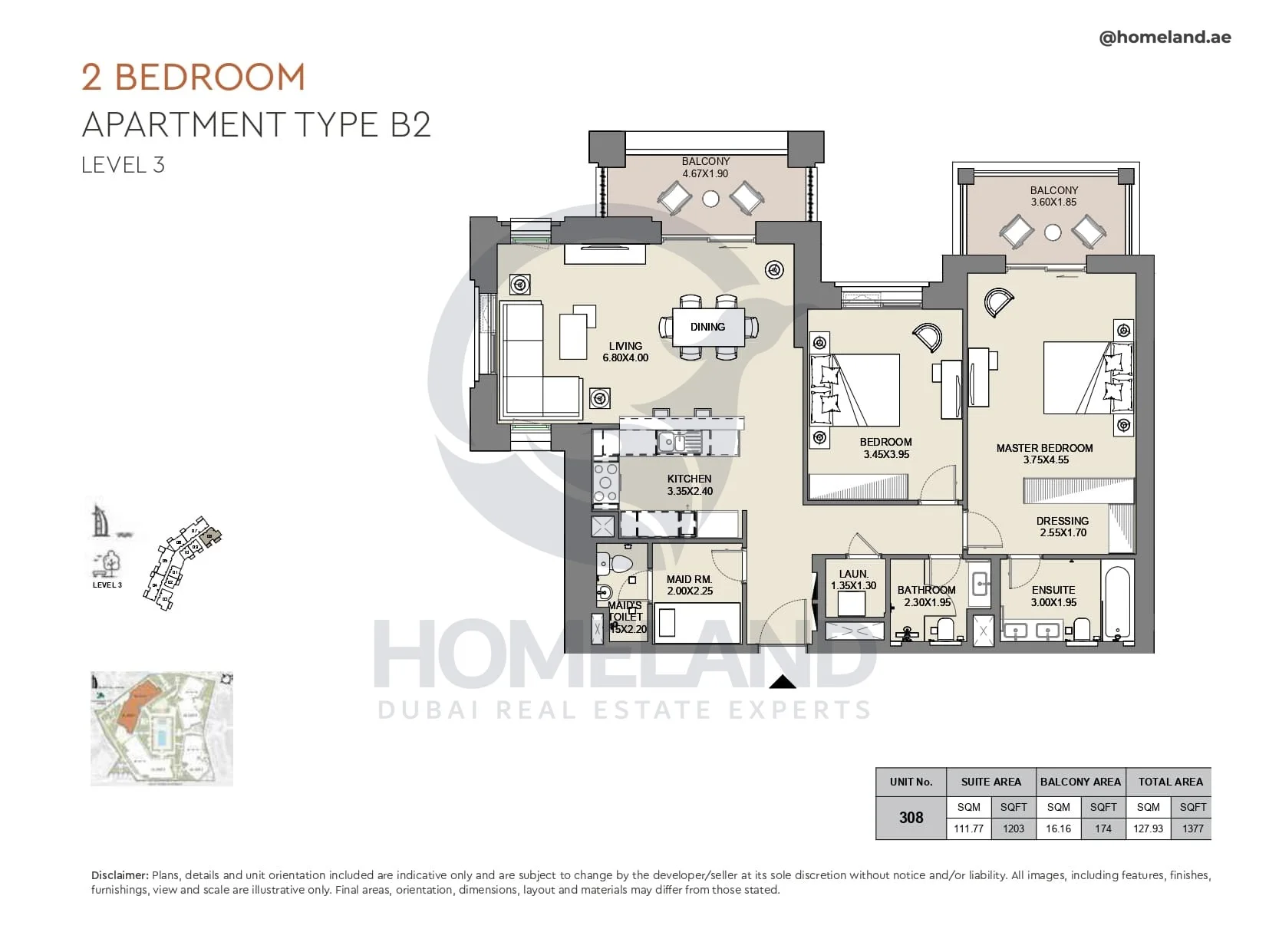 Al Jazi, 2BR, Type B2, Level 3, Unit 308, 1377 SQFT