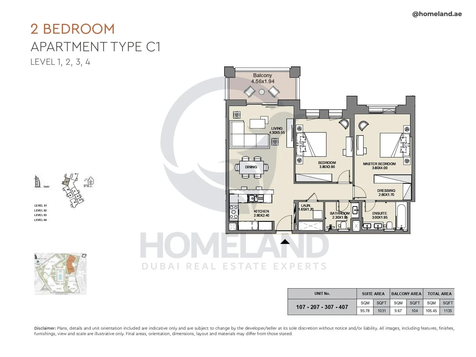 Al Jazi, 2BR, Type C1, Level 1 to 4, Unit 107-207-307-407, 1135 SQFT