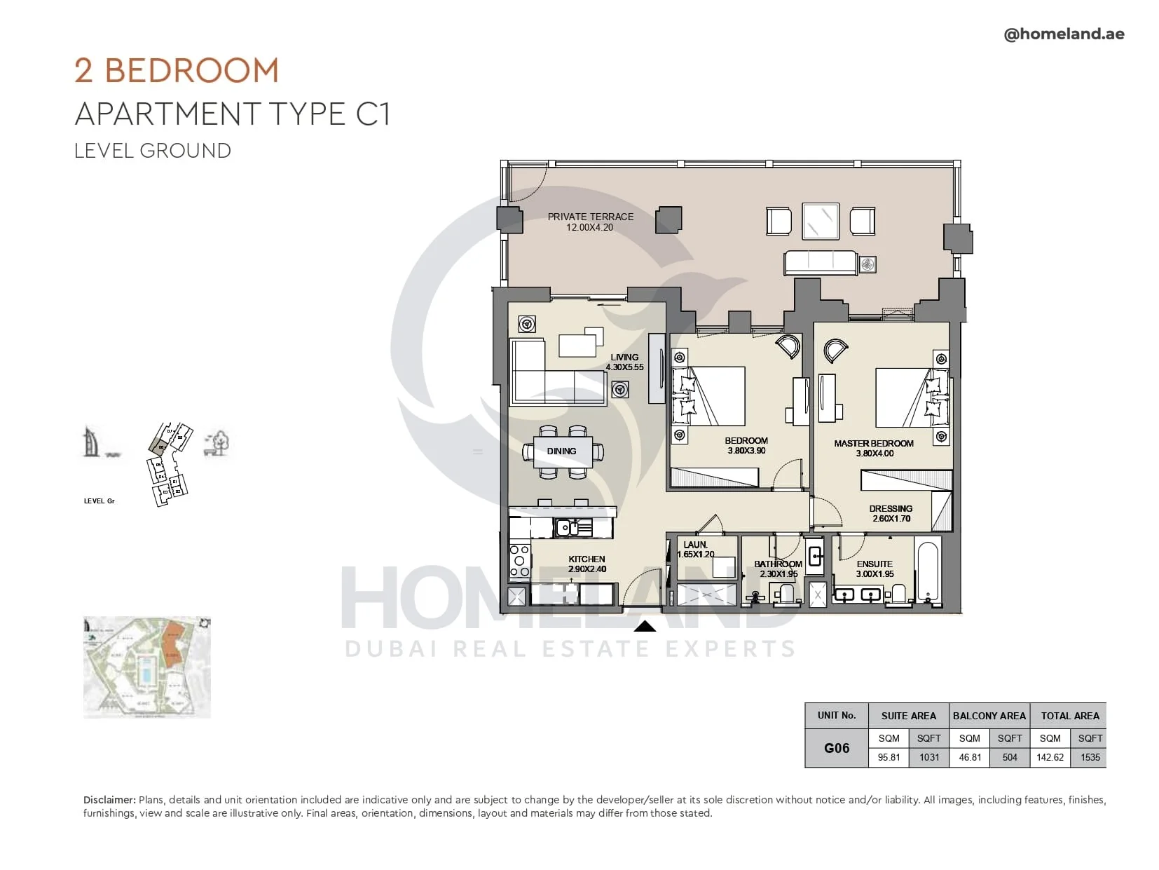 Al Jazi, 2BR, Type C1, Level Ground, Unit G06, 1535 SQFT