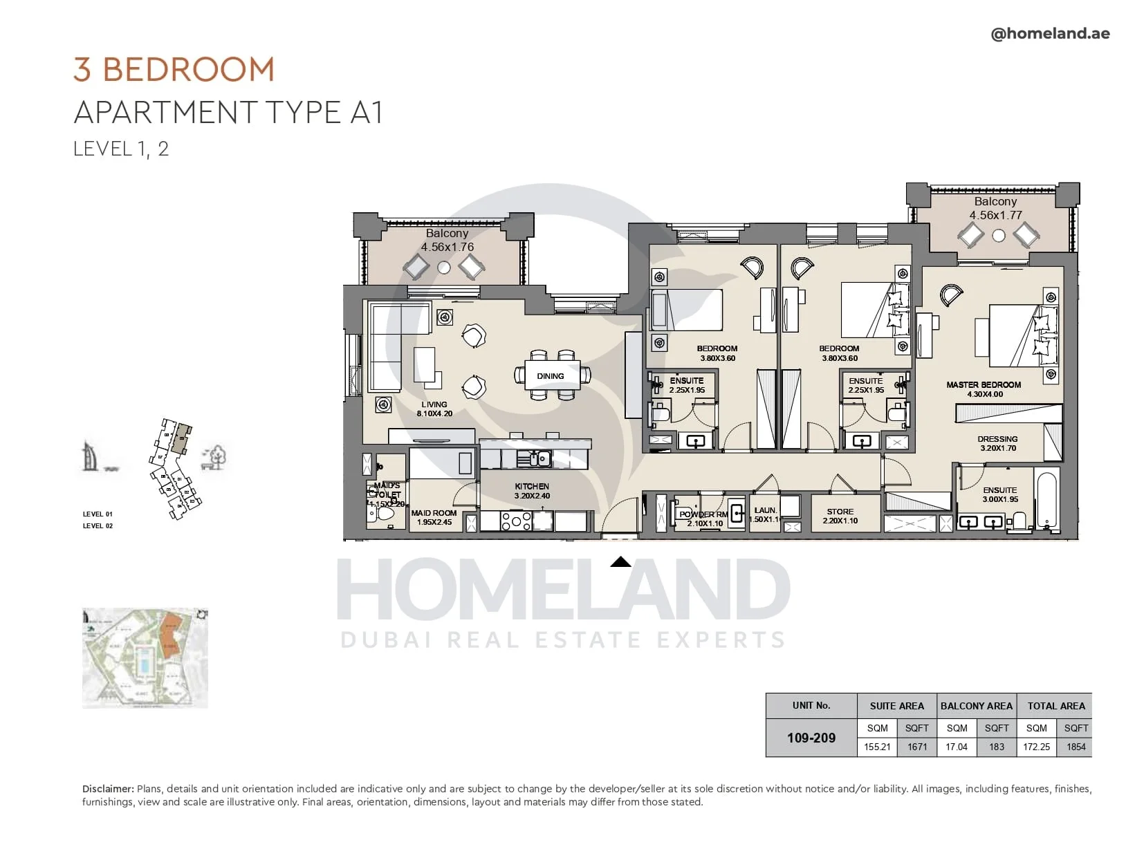 Al Jazi, 3BR, Type A1, Level 1 & 2, Unit 109-209, 1854 SQFT