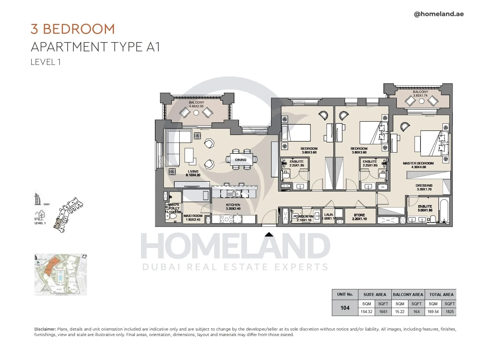 Al Jazi, 3BR, Type A1, Level 1, Unit 104, 1825 SQFT