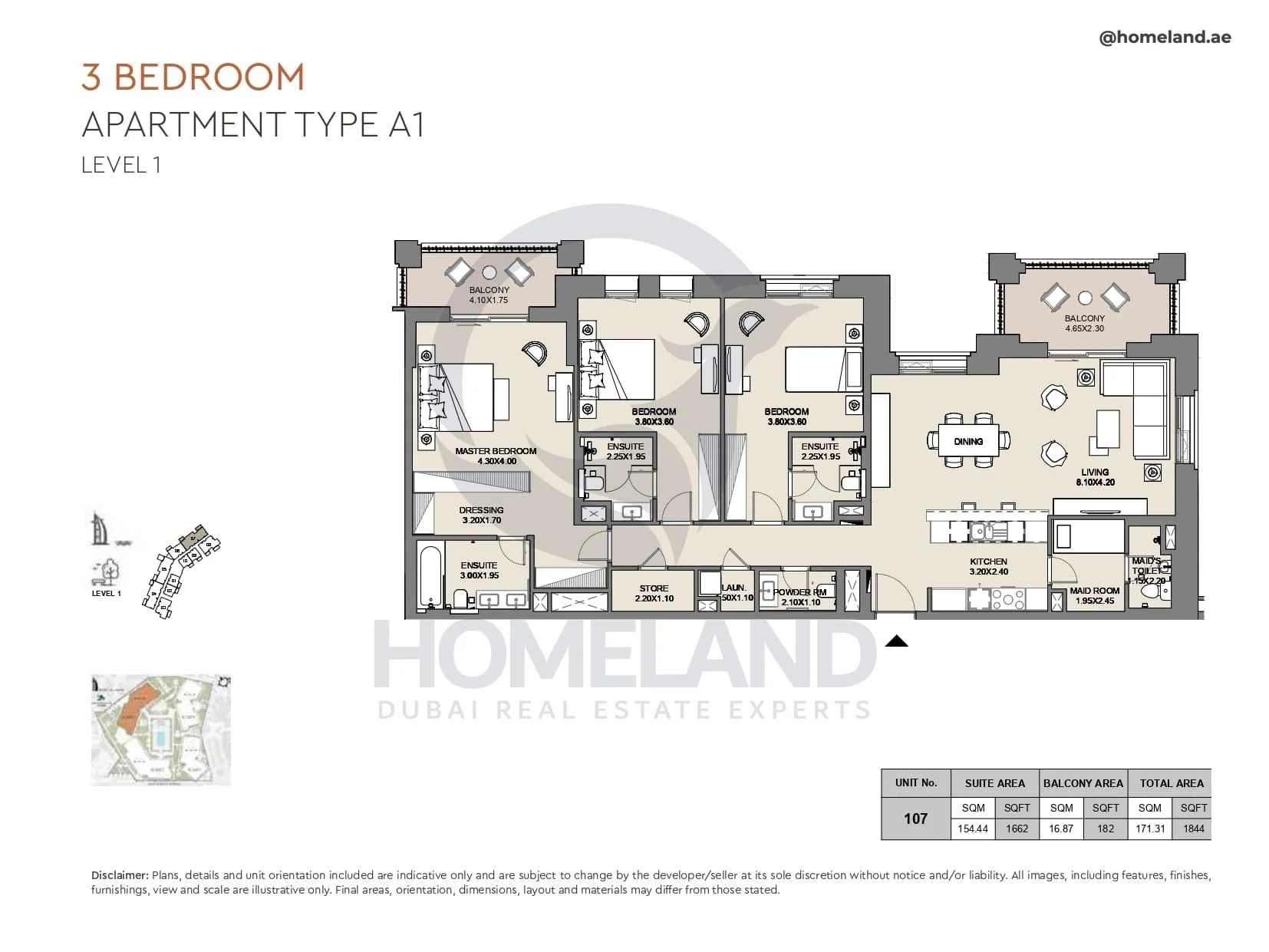 Al Jazi, 3BR, Type A1, Level 1, Unit 107, 1844 SQFT