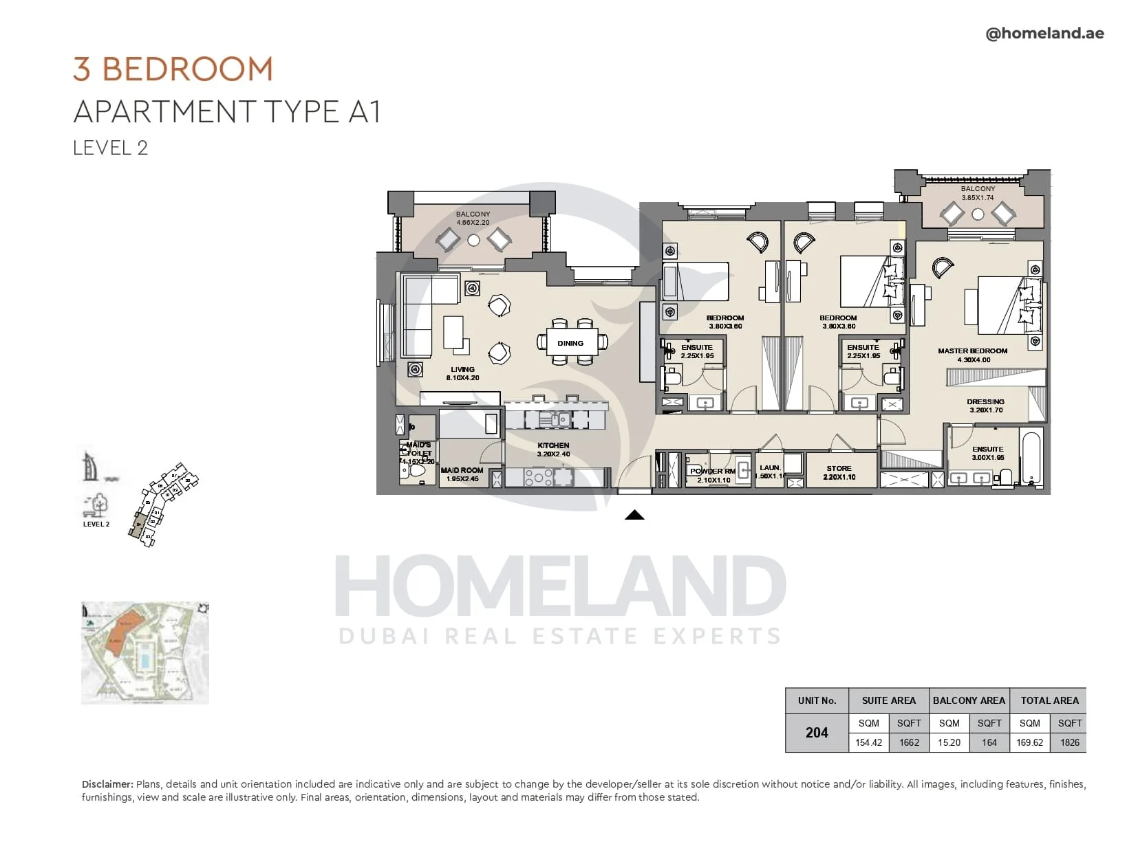 Al Jazi, 3BR, Type A1, Level 2, Unit 204, 1826 SQFT