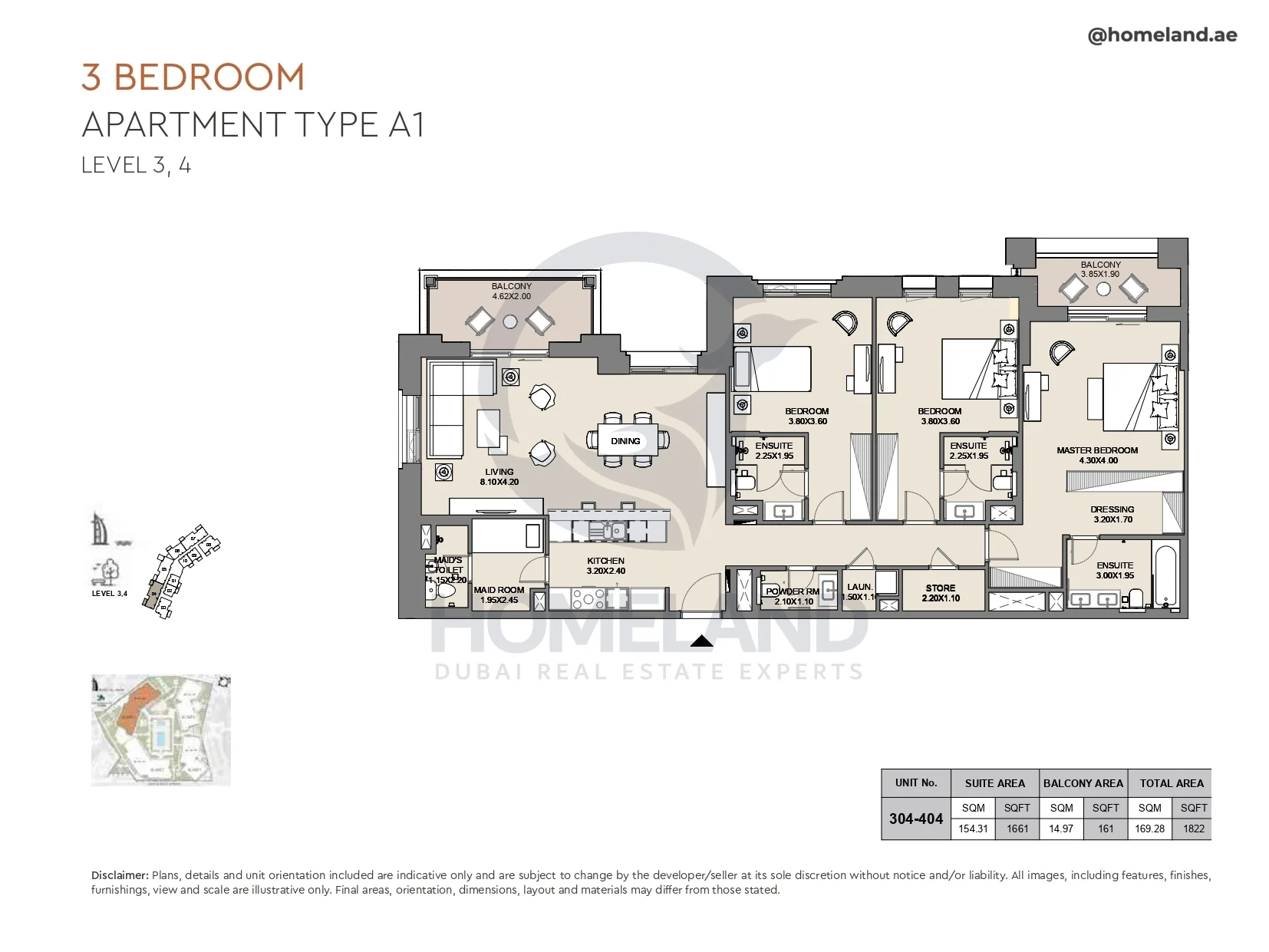 Al Jazi, 3BR, Type A1, Level 3 & 4, Unit 304-404, 1822 SQFT