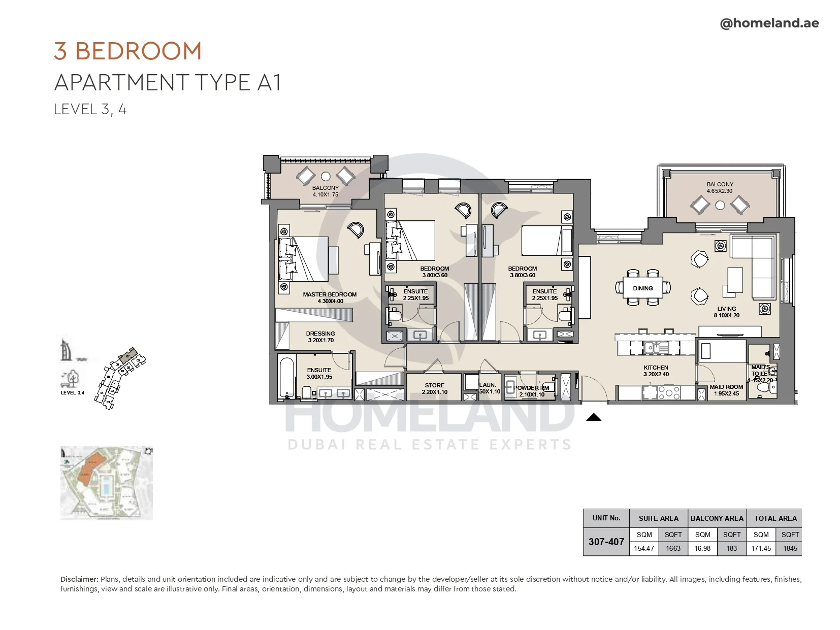 Al Jazi, 3BR, Type A1, Level 3 & 4, Unit 307-407, 1845 SQFT