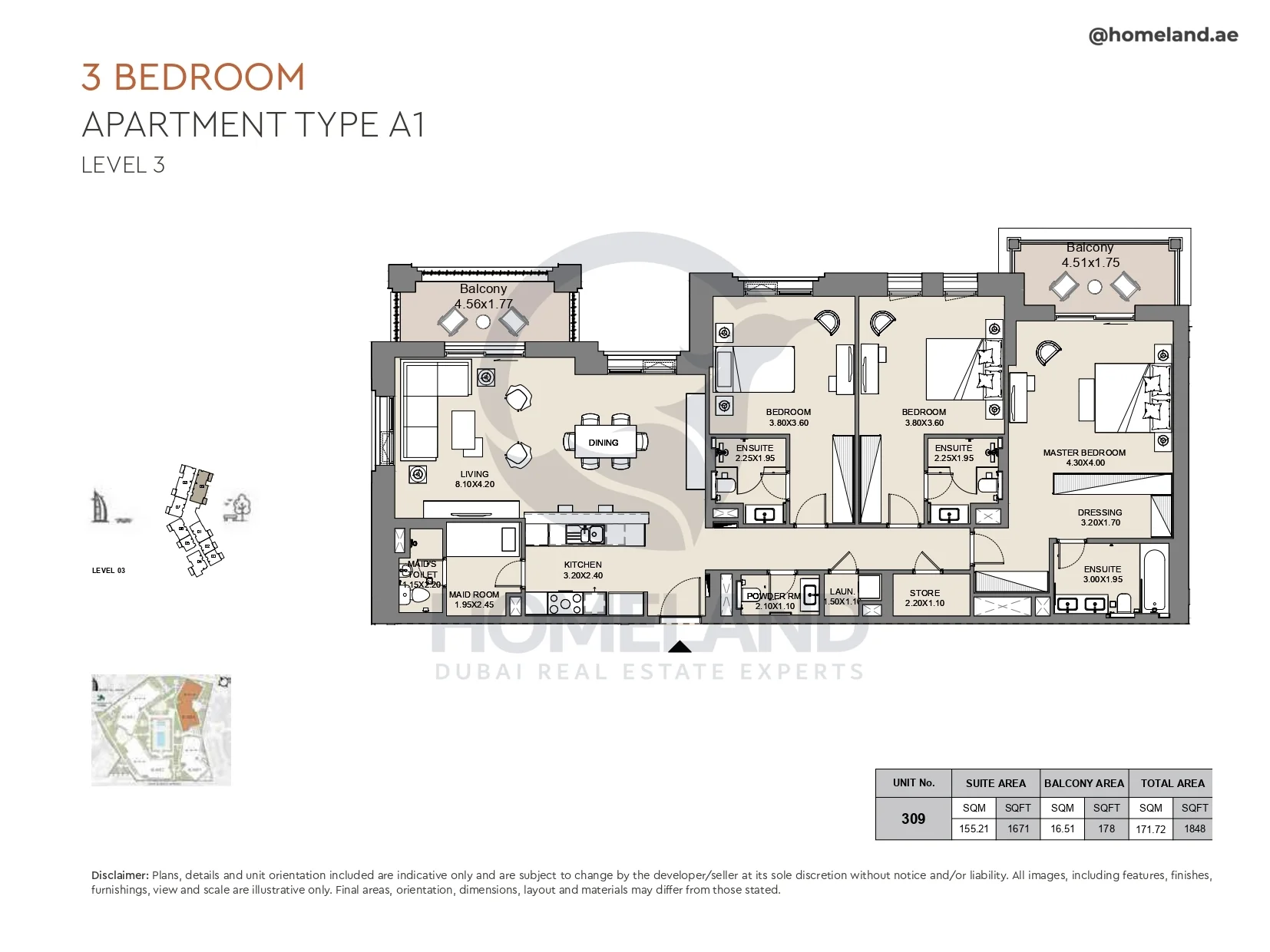 Al Jazi, 3BR, Type A1, Level 3, Unit 309, 1848 SQFT