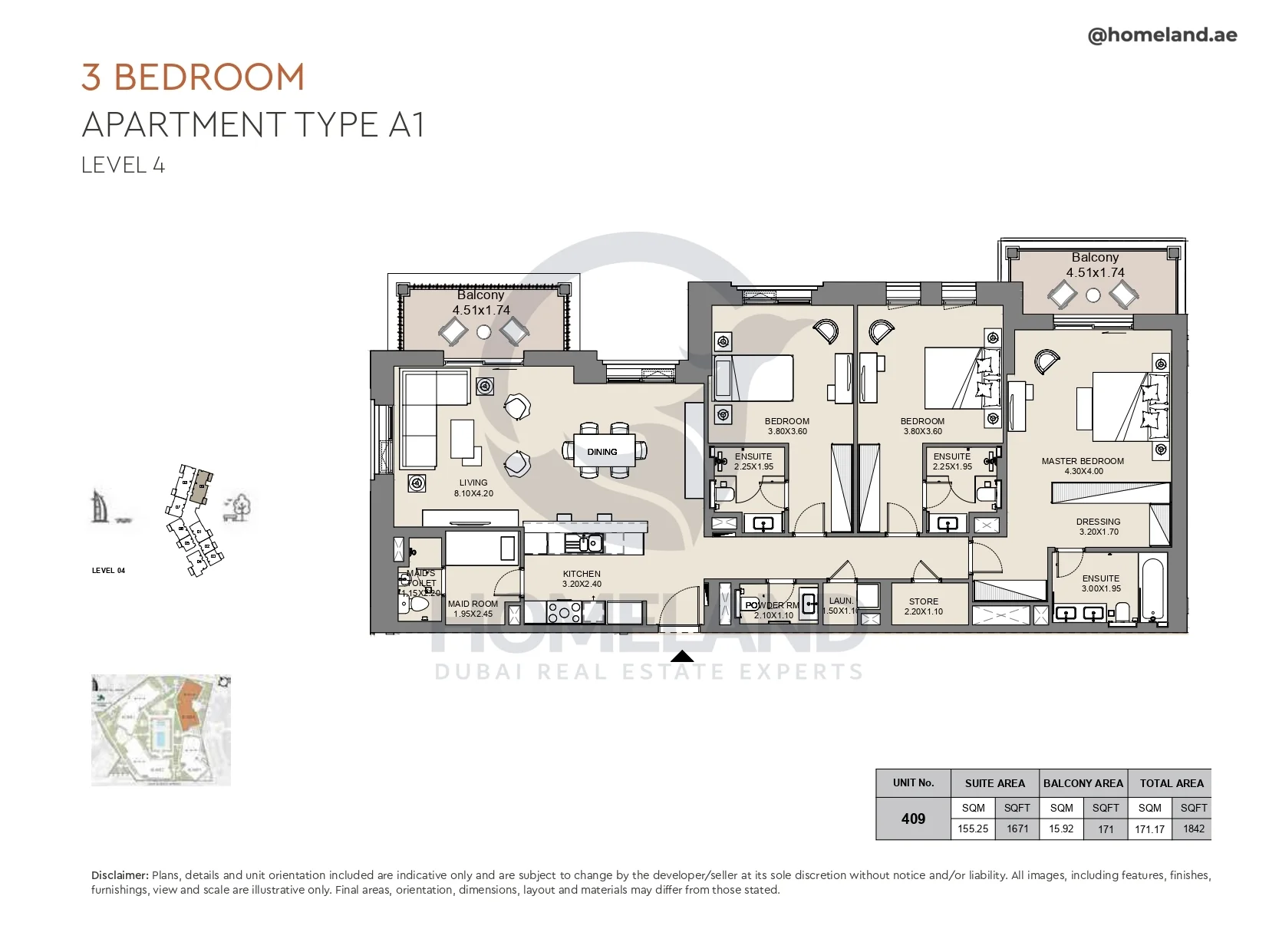 Al Jazi, 3BR, Type A1, Level 4, Unit 409, 1842 SQFT