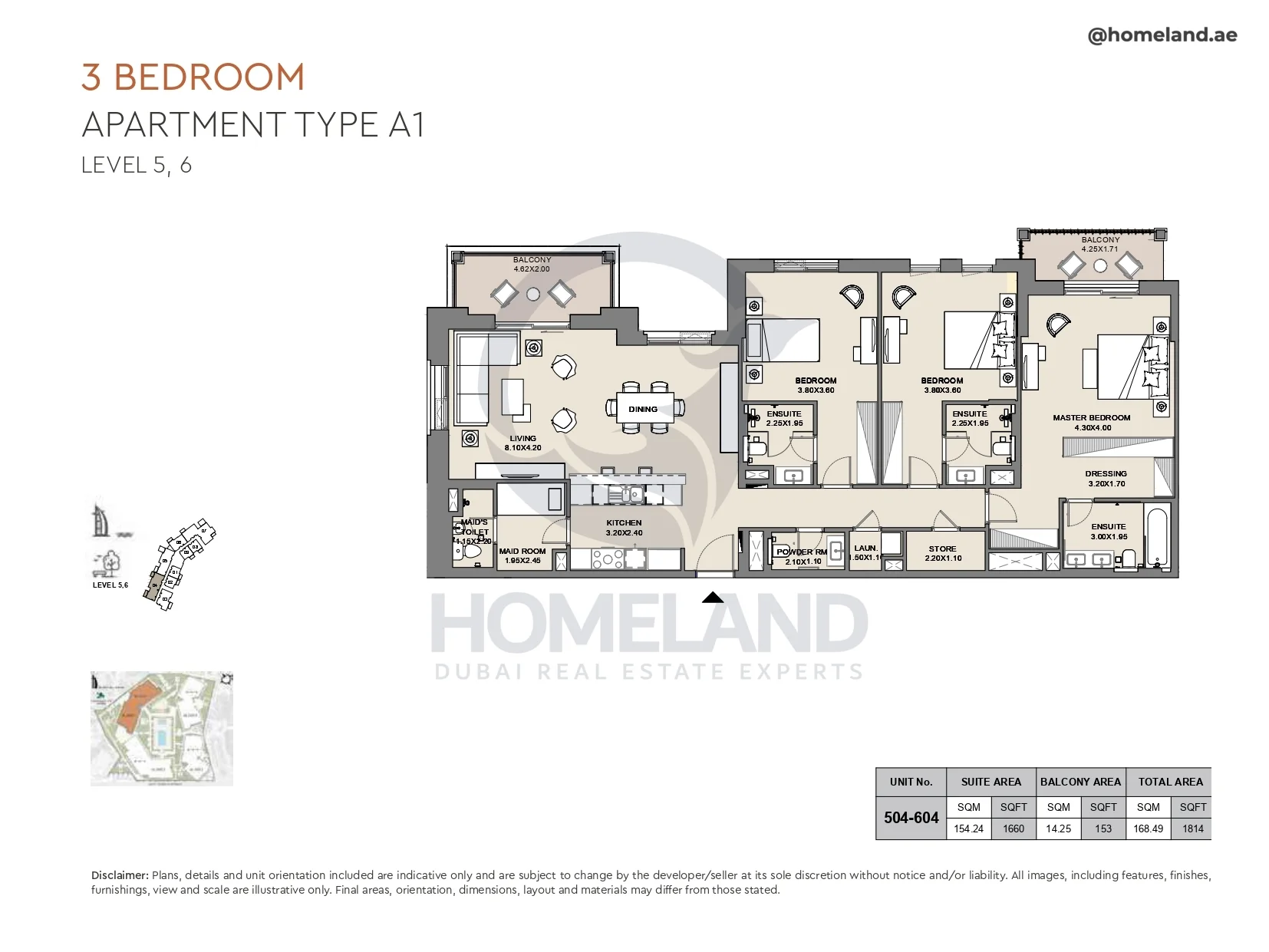 Al Jazi, 3BR, Type A1, Level 5 & 6, Unit 504-604, 1814 SQFT