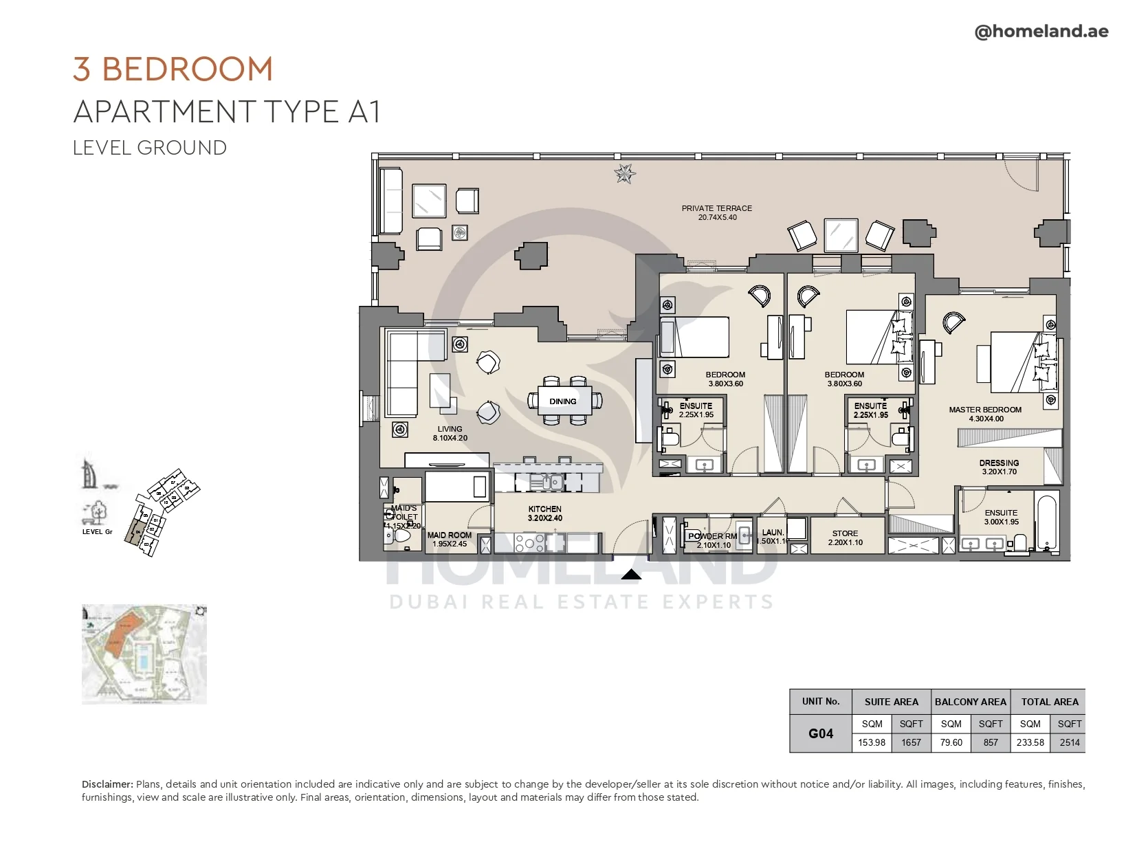 Al Jazi, 3BR, Type A1, Level Ground, Unit G04, 2514 SQFT