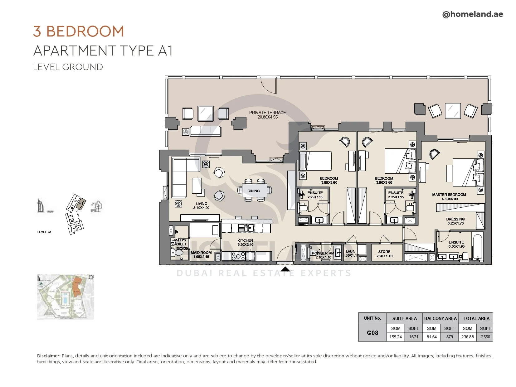 Al Jazi, 3BR, Type A1, Level Ground, Unit G08, 2550 SQFT
