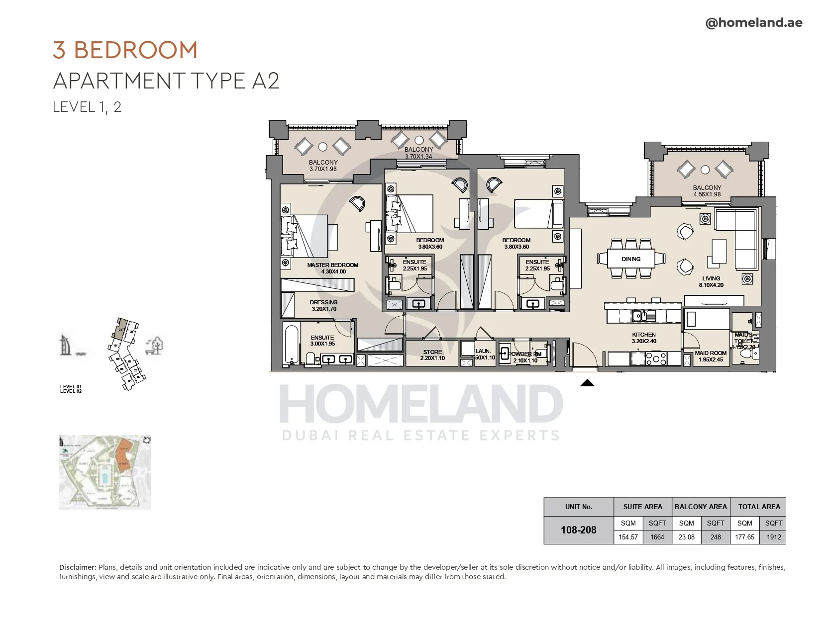 Al Jazi, 3BR, Type A2, Level 1 & 2, Unit 108-208, 1912 SQFT