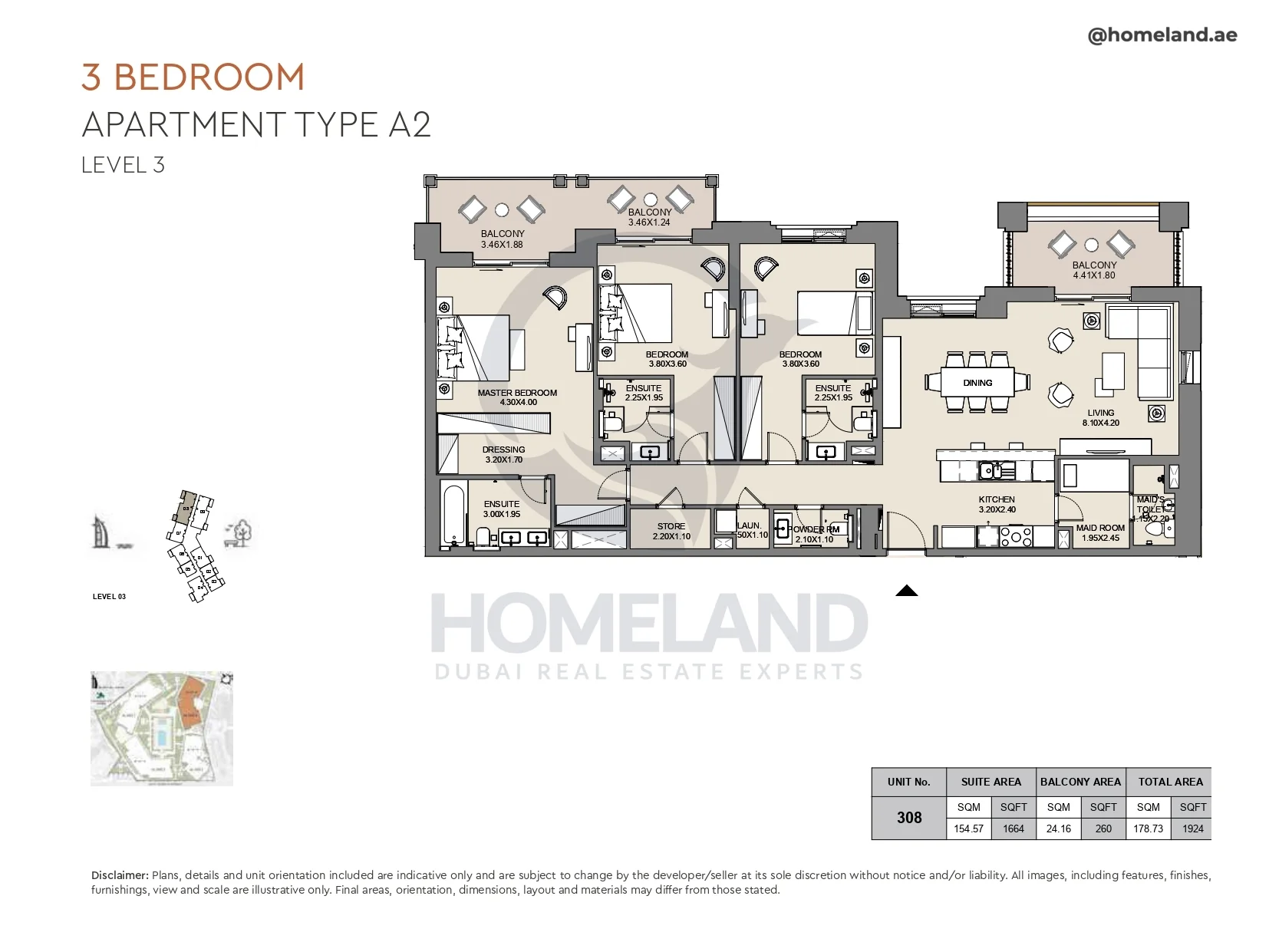Al Jazi, 3BR, Type A2, Level 3, Unit 308, 1924 SQFT