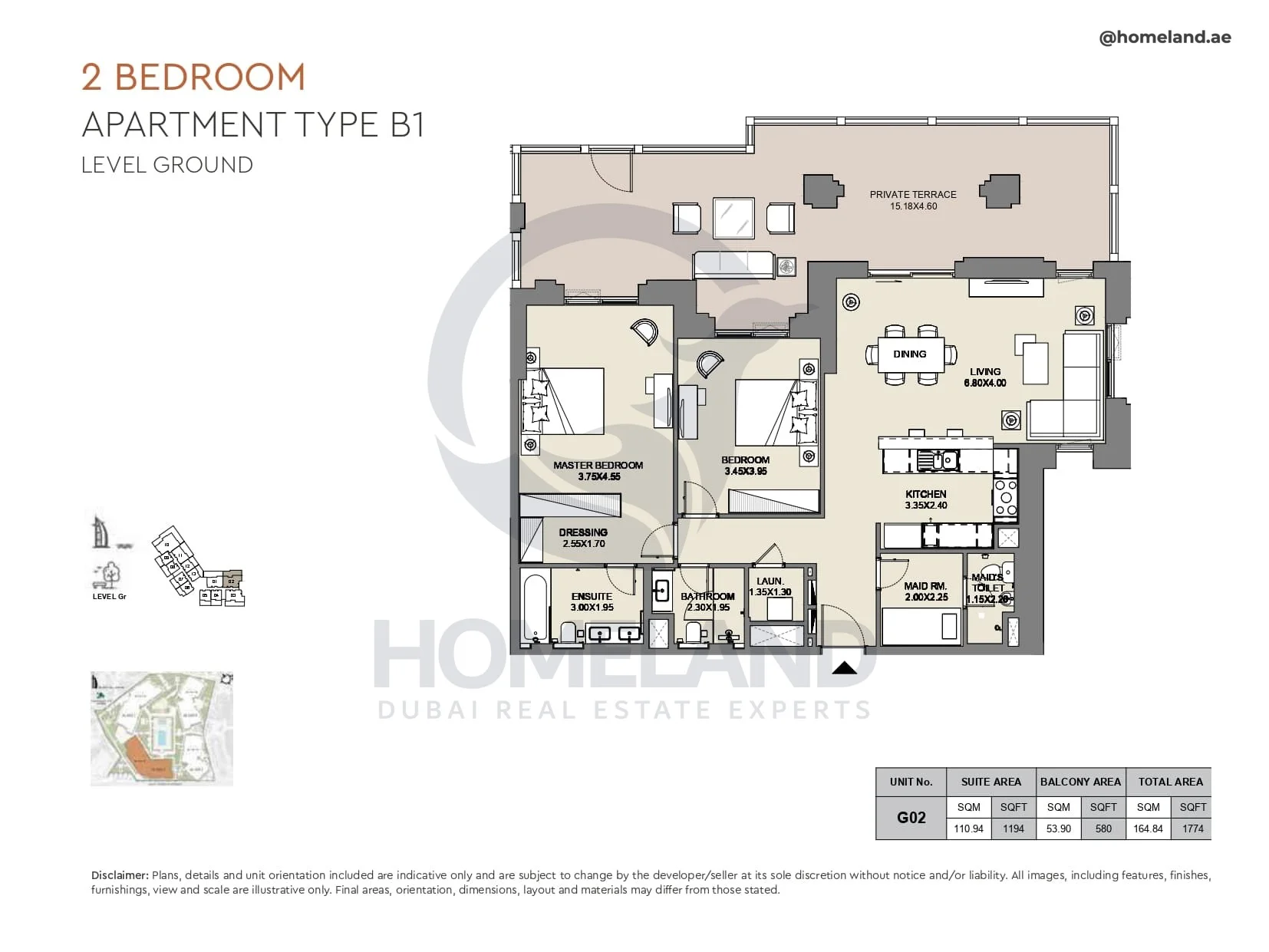 Al Jazi, 2BR, Type B1, Level Ground, Unit G02, 1774 SQFT