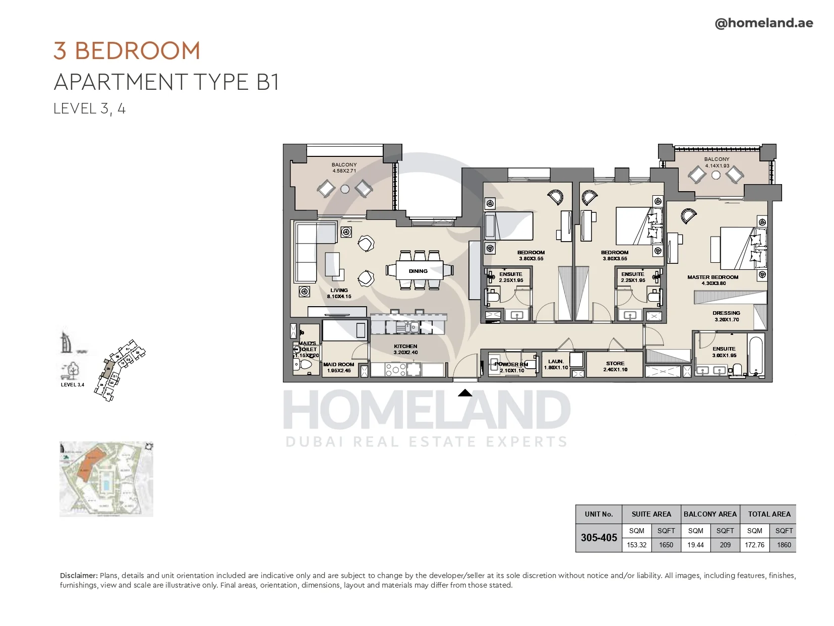 Al Jazi, 3BR, Type B1, Level 3 & 4, Unit 305-405, 1860 SQFT