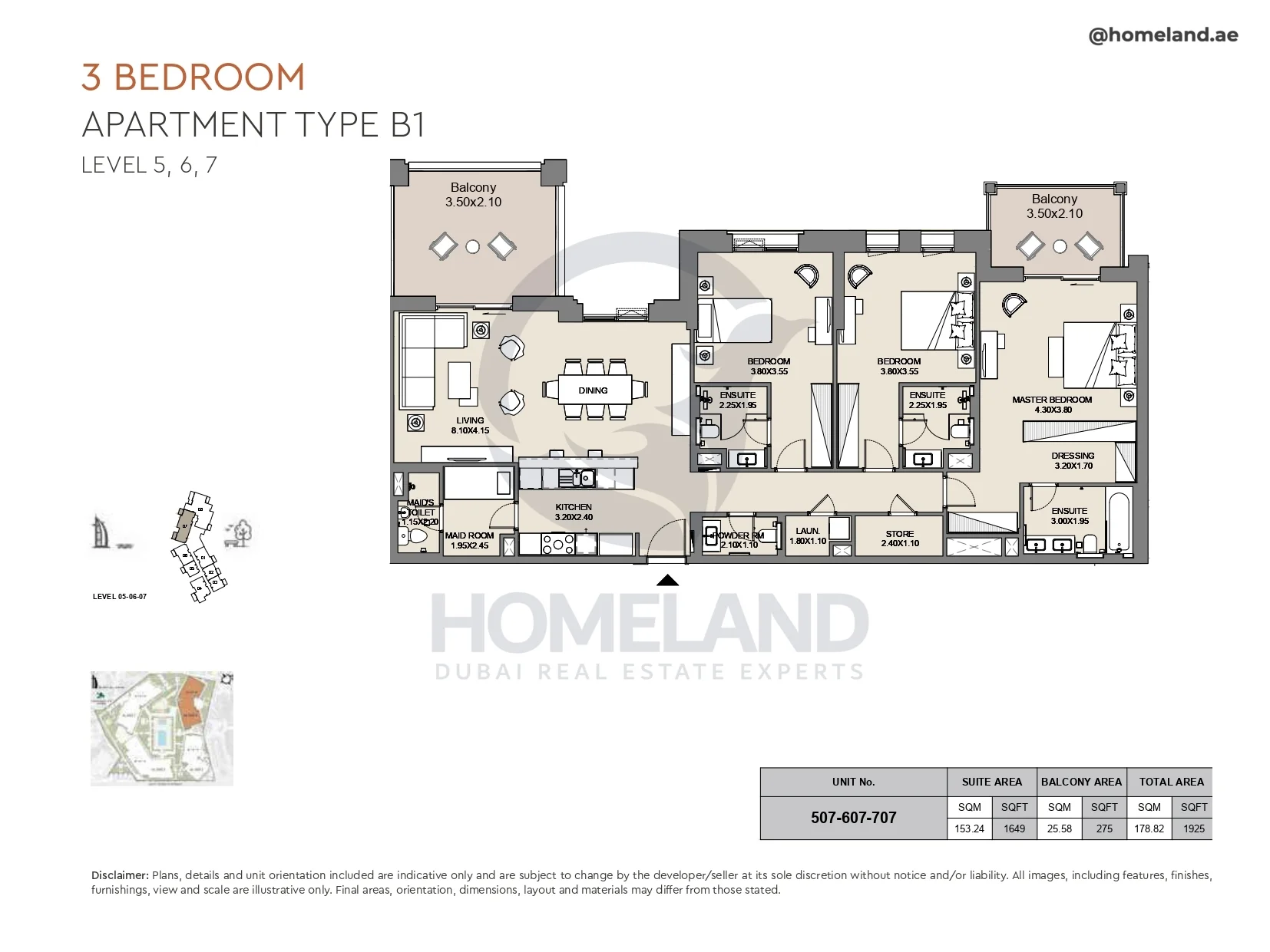 Al Jazi, 3BR, Type B1, Level 5 to 7, Unit 507-607-707, 1925 SQFT