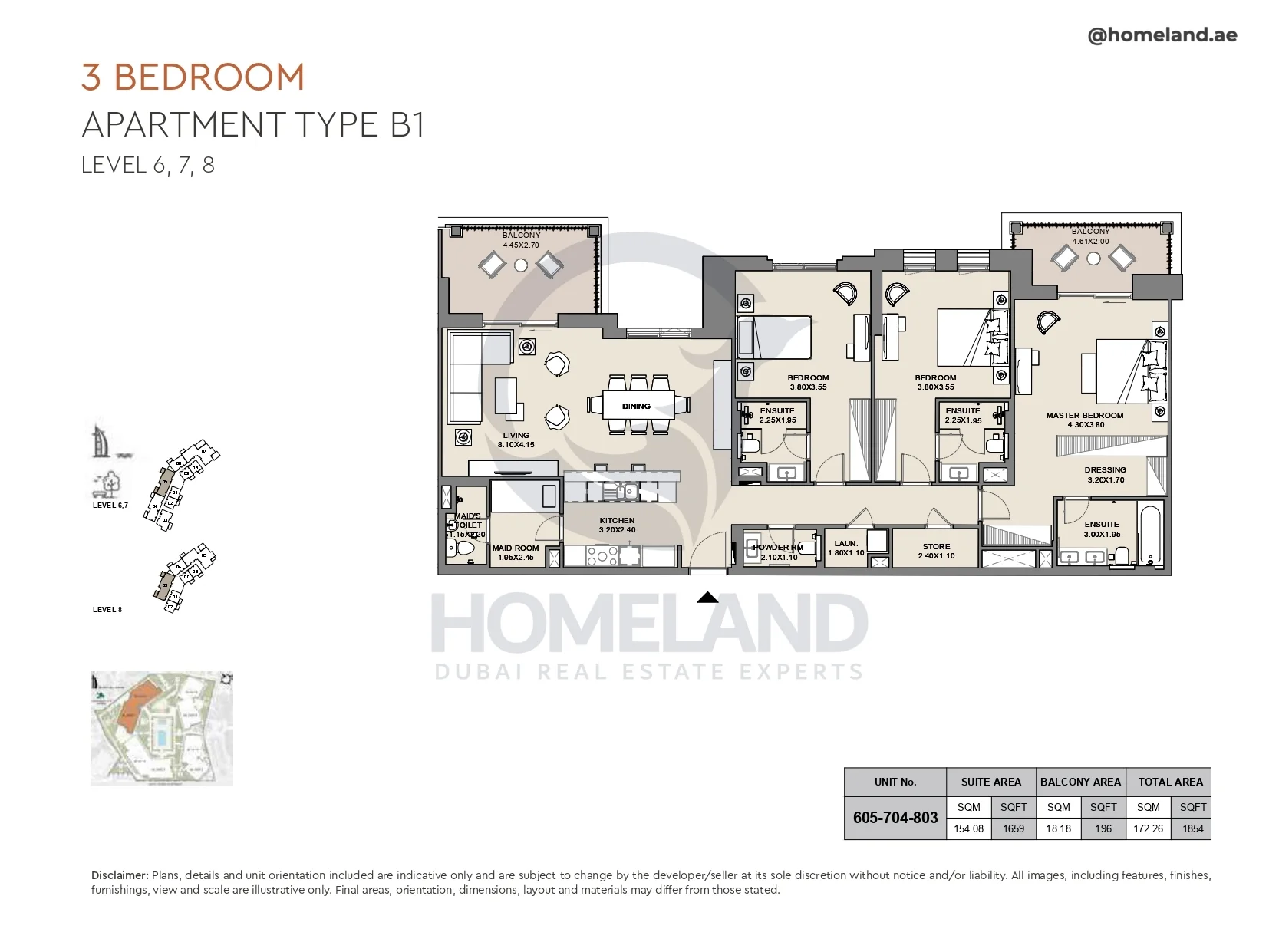 Al Jazi, 3BR, Type B1, Level 6 to 8, Unit 605-704-803, 1854 SQFT