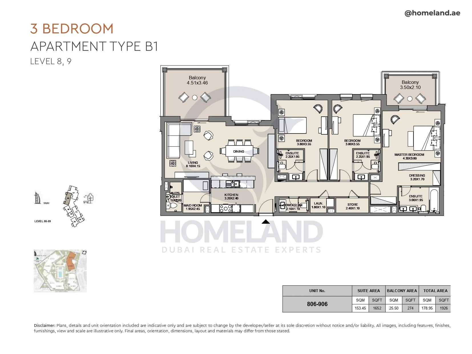 Al Jazi, 3BR, Type B1, Level 8 & 9, Unit 806-906, 1926 SQFT
