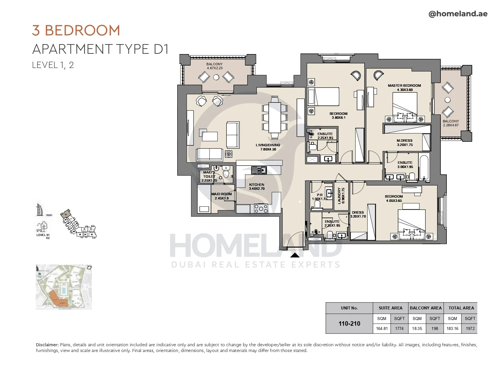Al Jazi, 3BR, Type D1, Level 1 & 2, Unit 110-210, 1972 SQFT