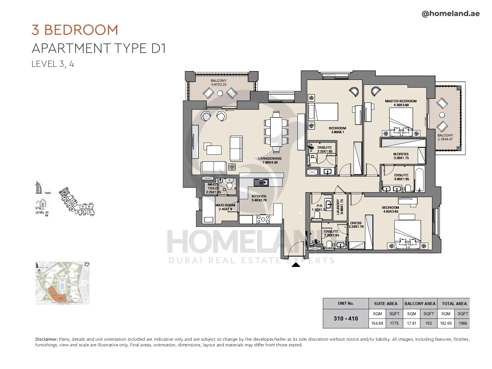 Al Jazi, 3BR, Type D1, Level 3 & 4, Unit 310-410, 1966 SQFT