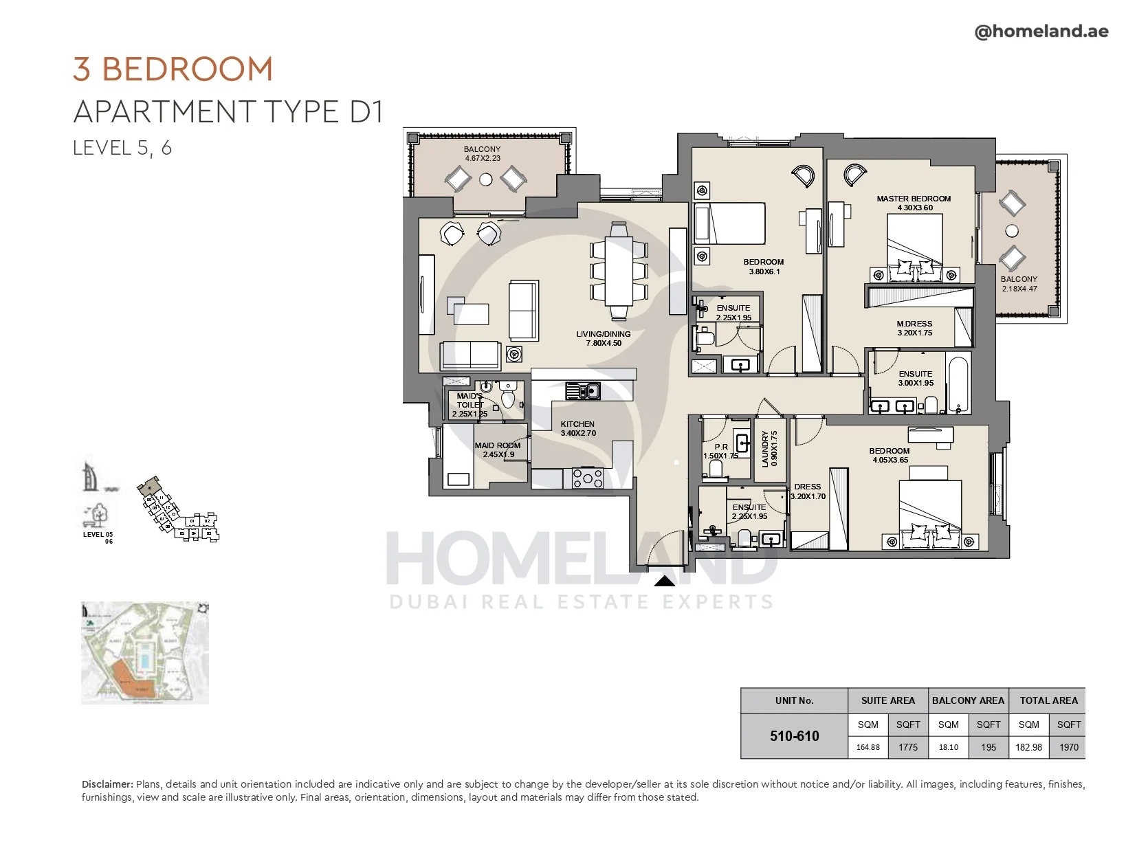 Al Jazi, 3BR, Type D1, Level 5 & 6, Unit 510-610, 1970 SQFT