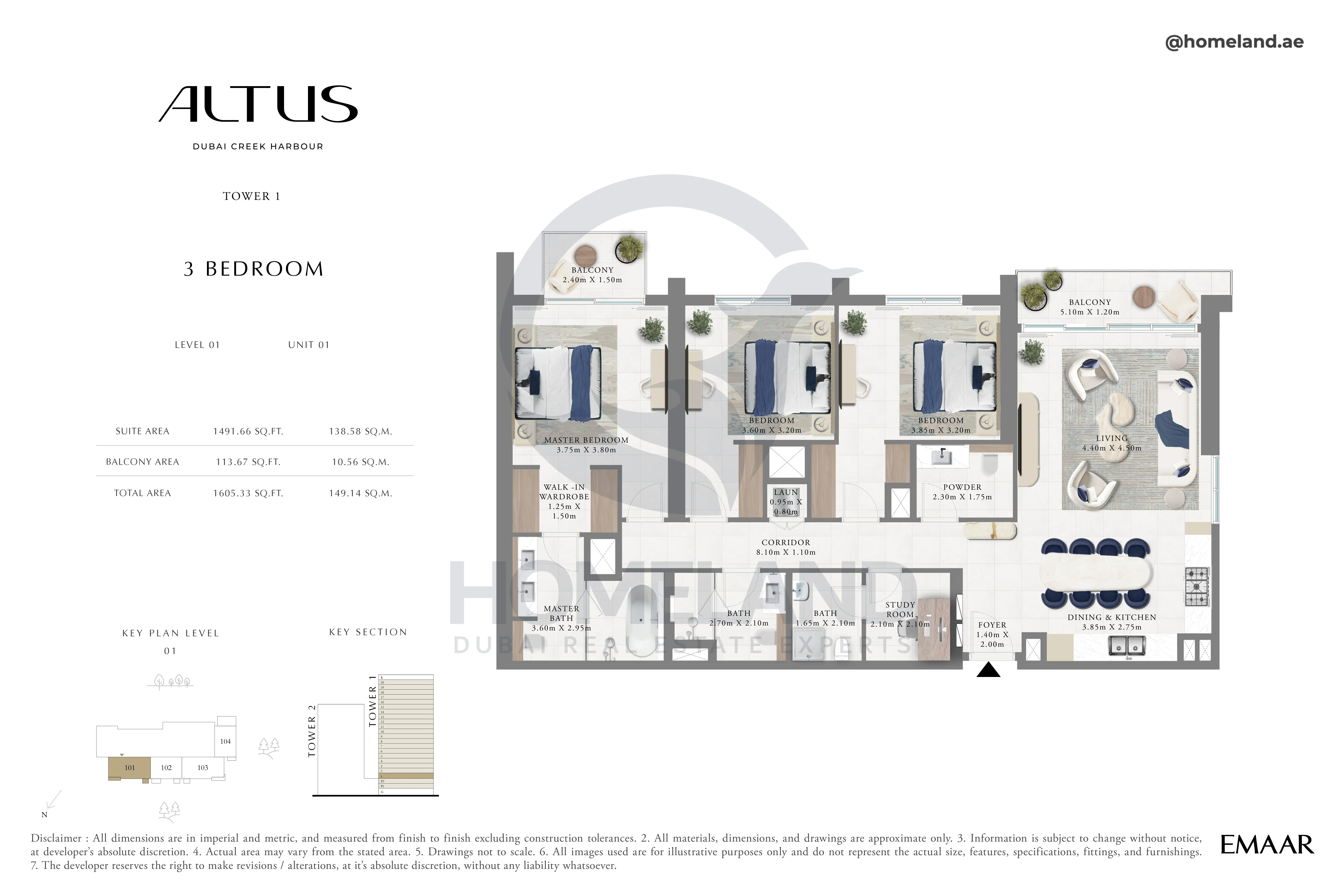 Altus, Tower 1, 3BR, Level 01, Unit 01, 1605 SQFT